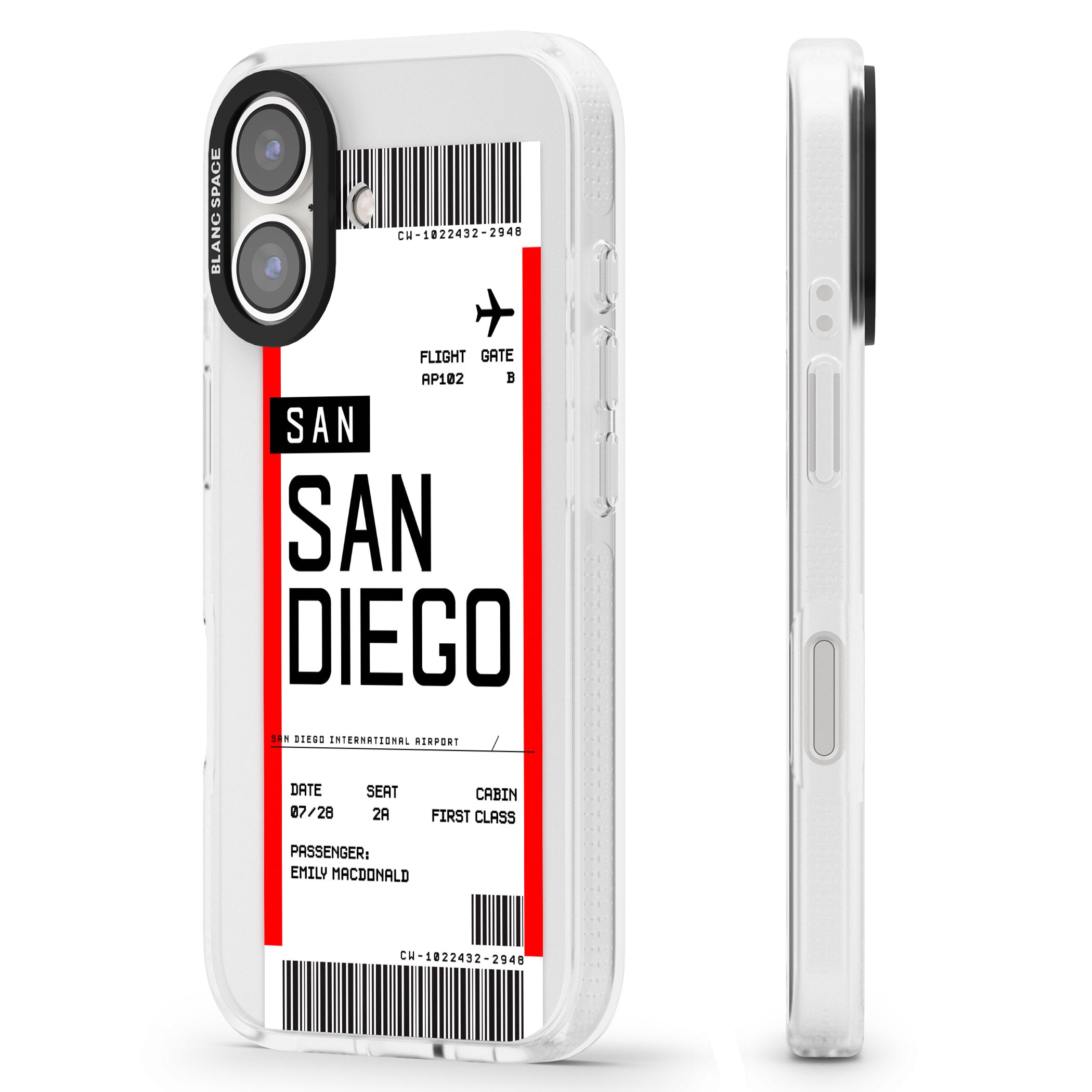 Personalised San Diego Boarding Pass iPhone 16 / 16 Plus Clear Case Impact Air - Blanc Space