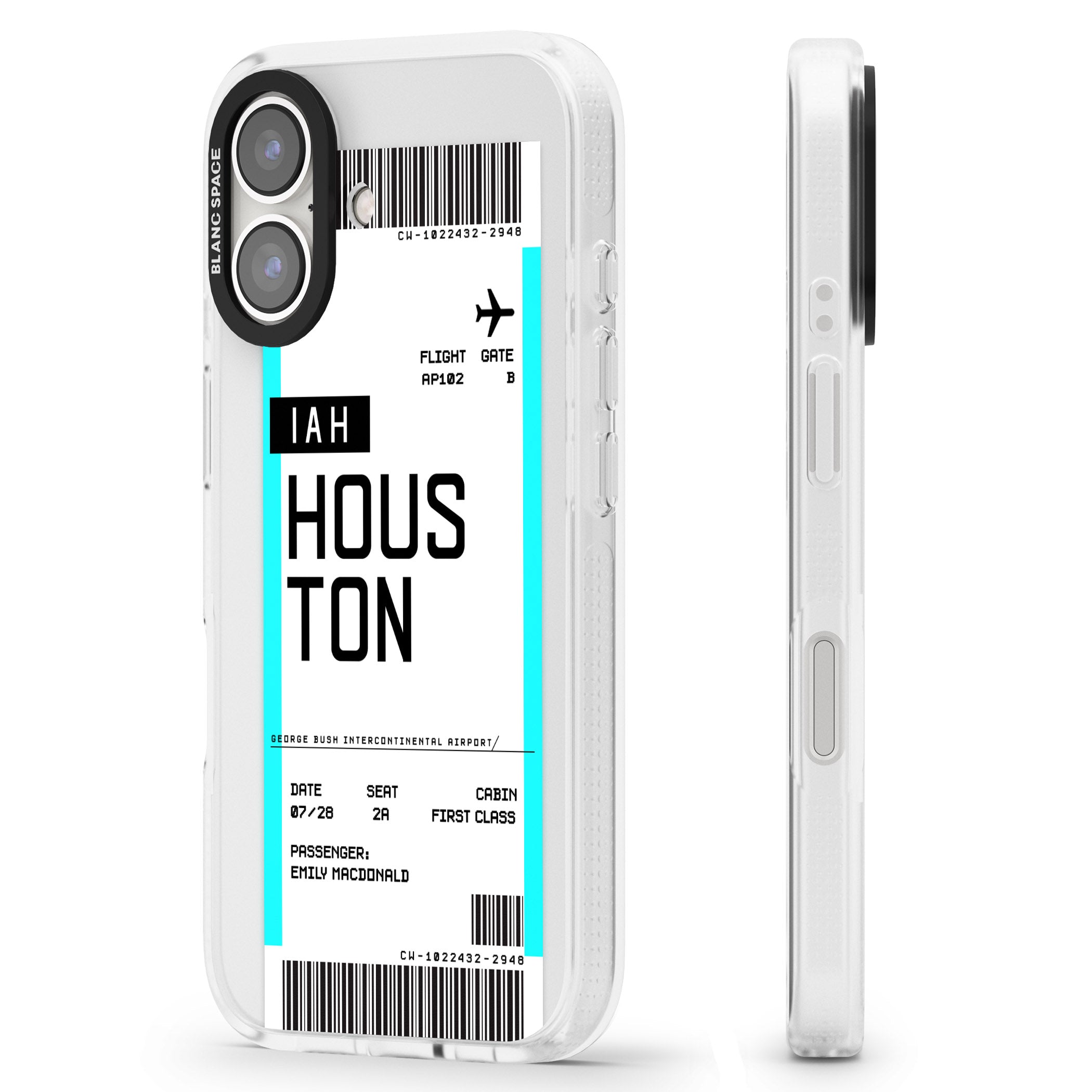 Personalised Houston Boarding Pass iPhone 16 / 16 Plus Clear Case Impact Air - Blanc Space