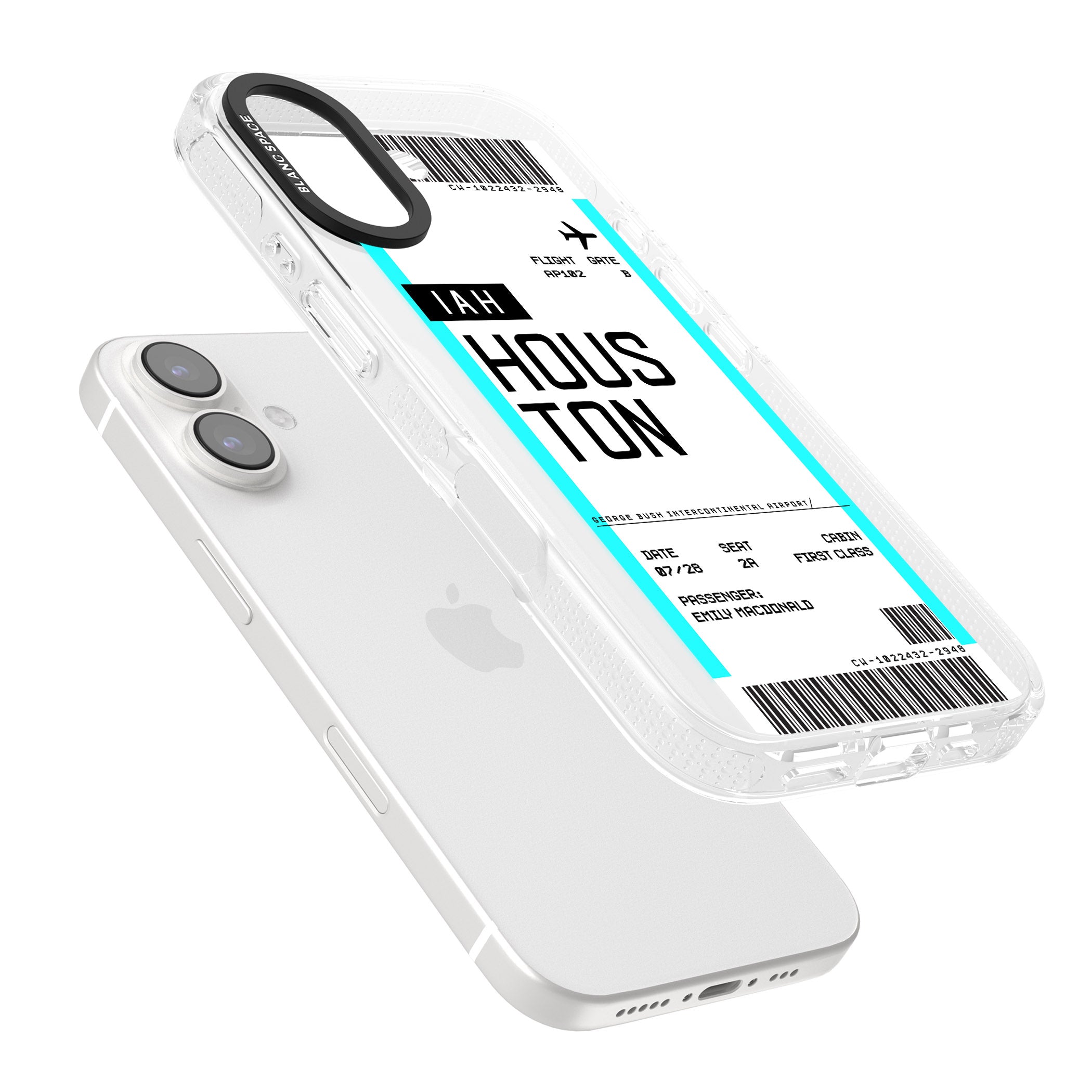 Personalised Houston Boarding Pass iPhone 16 / 16 Plus Clear Case Impact Air - Blanc Space