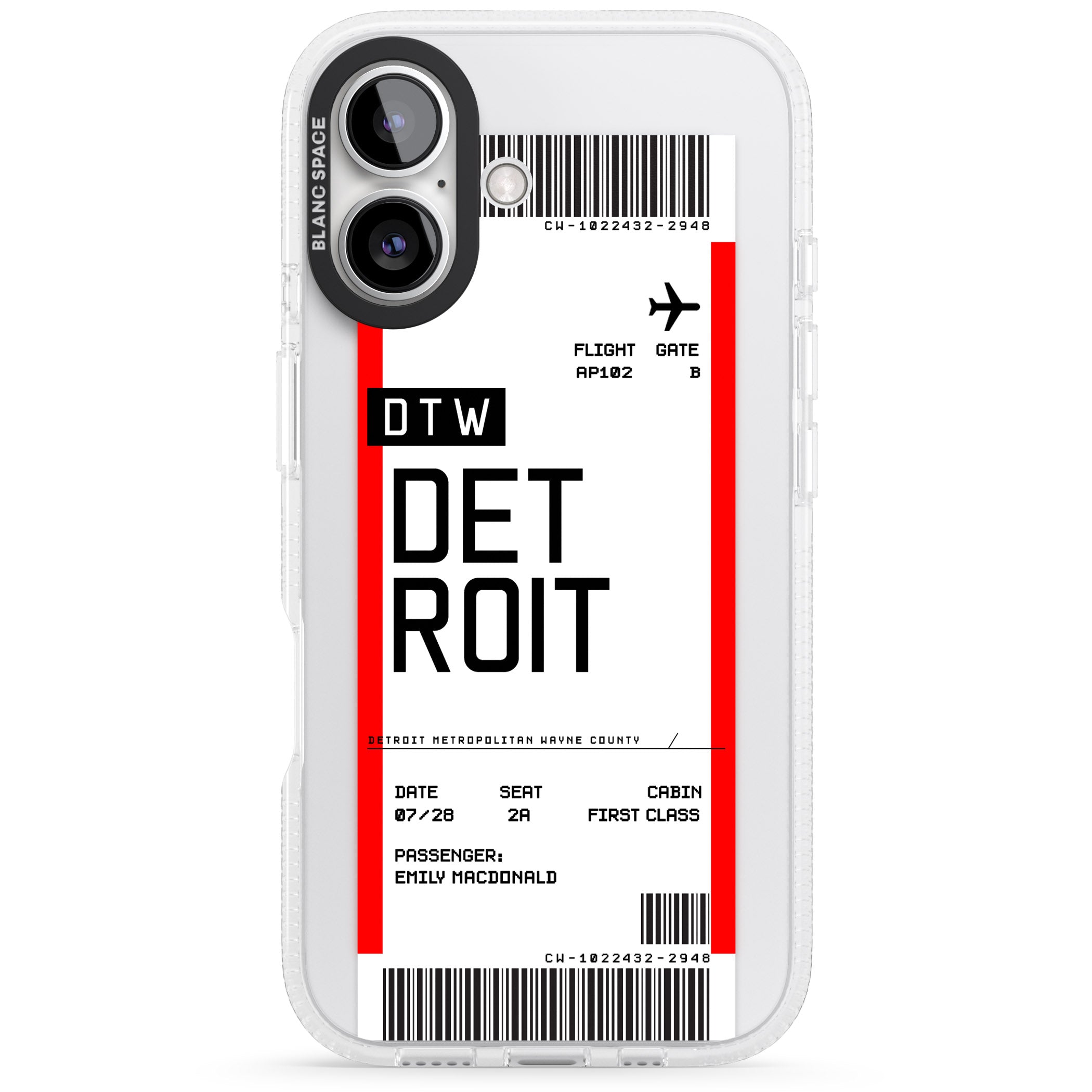 Personalised Detroit Boarding Pass iPhone 16 / 16 Plus Clear Case Impact Air - Blanc Space