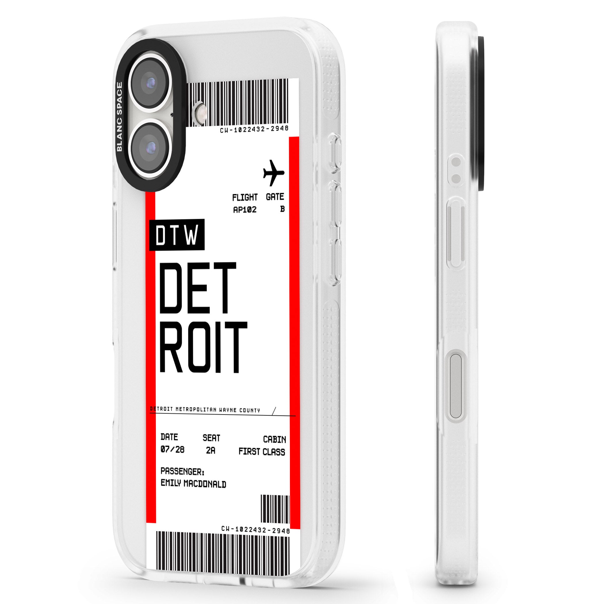 Personalised Detroit Boarding Pass iPhone 16 / 16 Plus Clear Case Impact Air - Blanc Space