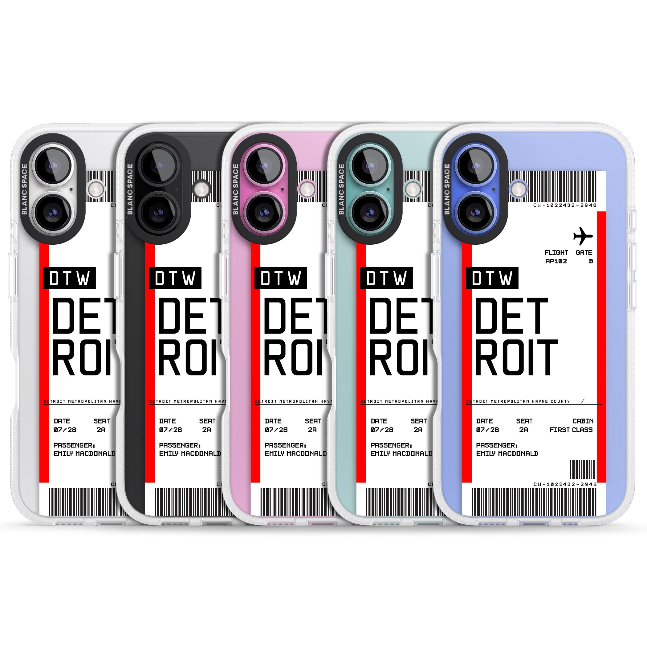 Personalised Detroit Boarding Pass iPhone 16 / 16 Plus Clear Case Impact Air - Blanc Space