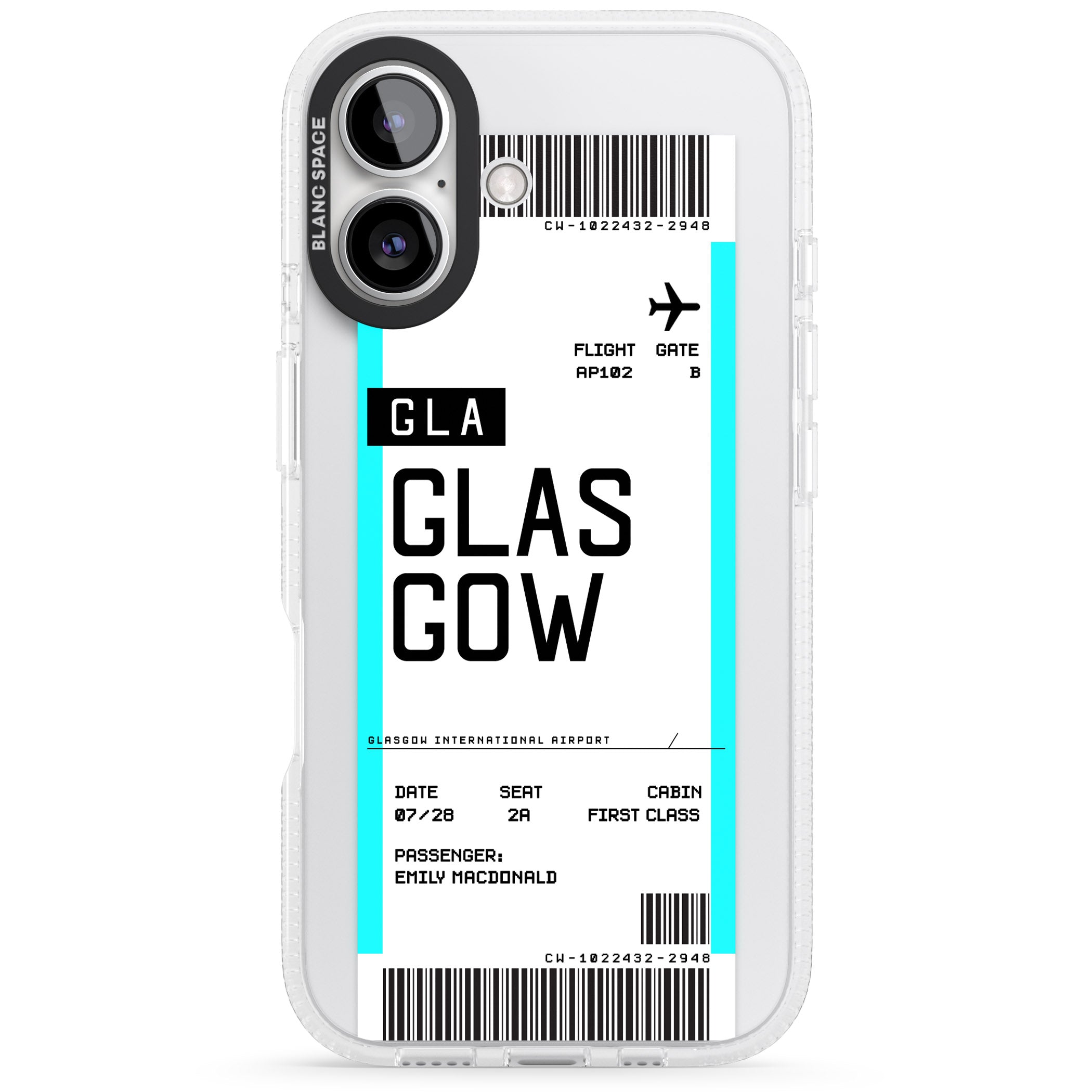 Personalised Glasgow Boarding Pass iPhone 16 / 16 Plus Clear Case Impact Air - Blanc Space