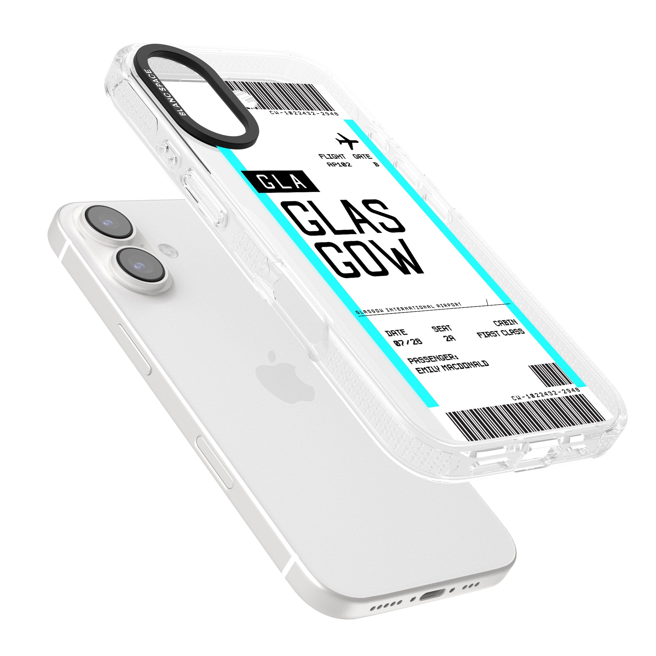 Personalised Glasgow Boarding Pass iPhone 16 / 16 Plus Clear Case Impact Air - Blanc Space