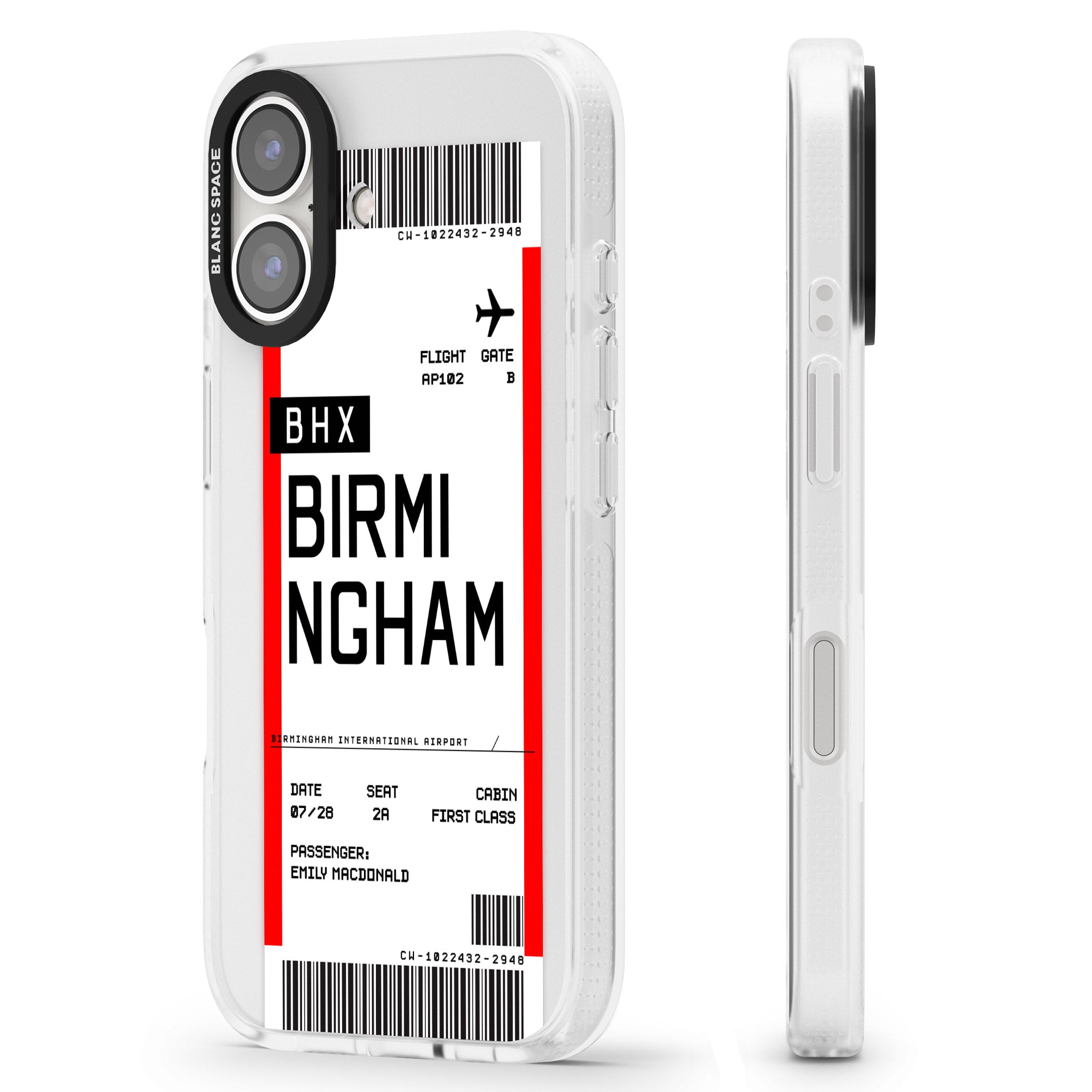 Personalised Birmingham Boarding Pass iPhone 16 / 16 Plus Clear Case Impact Air - Blanc Space