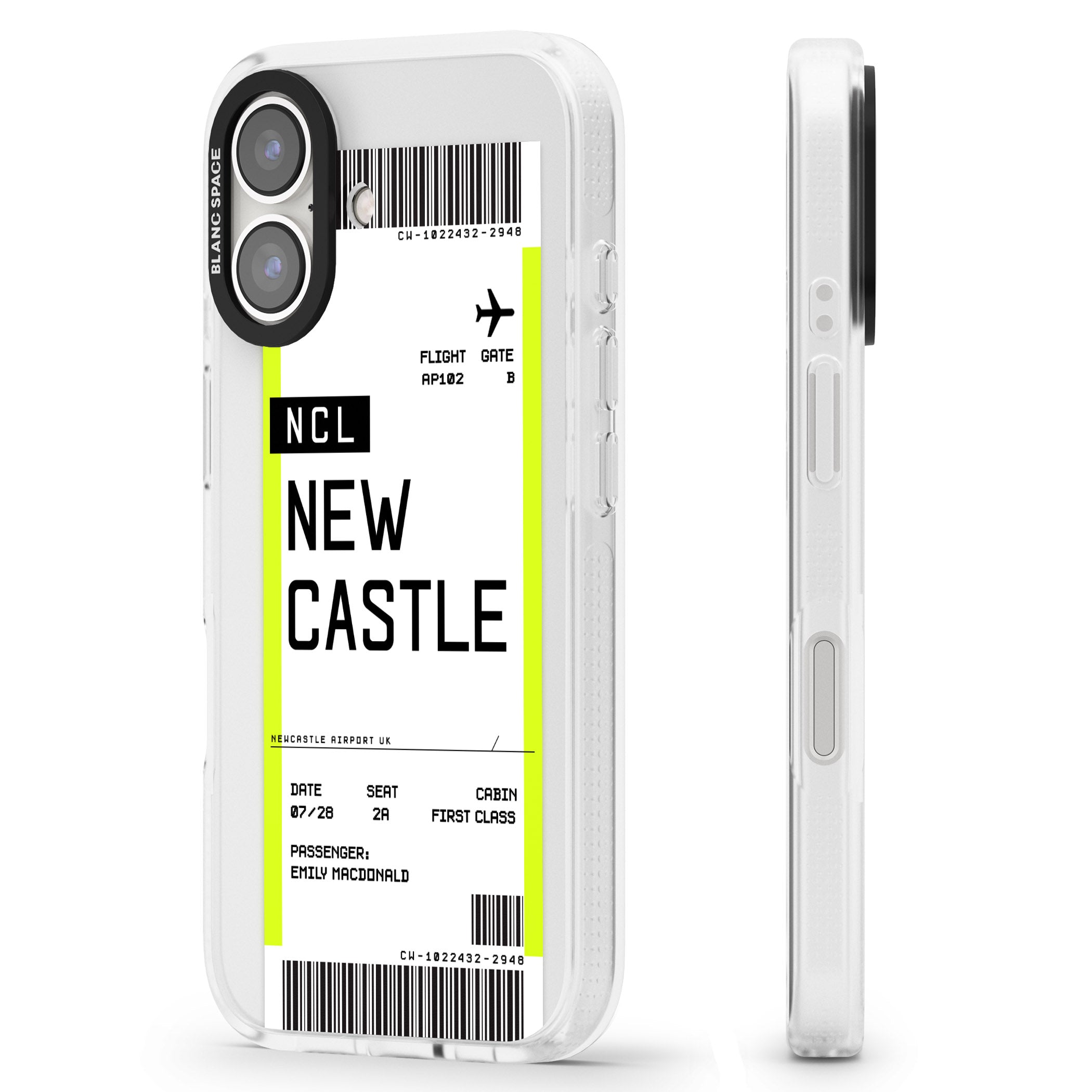 Personalised Newcastle Boarding Pass iPhone 16 / 16 Plus Clear Case Impact Air - Blanc Space