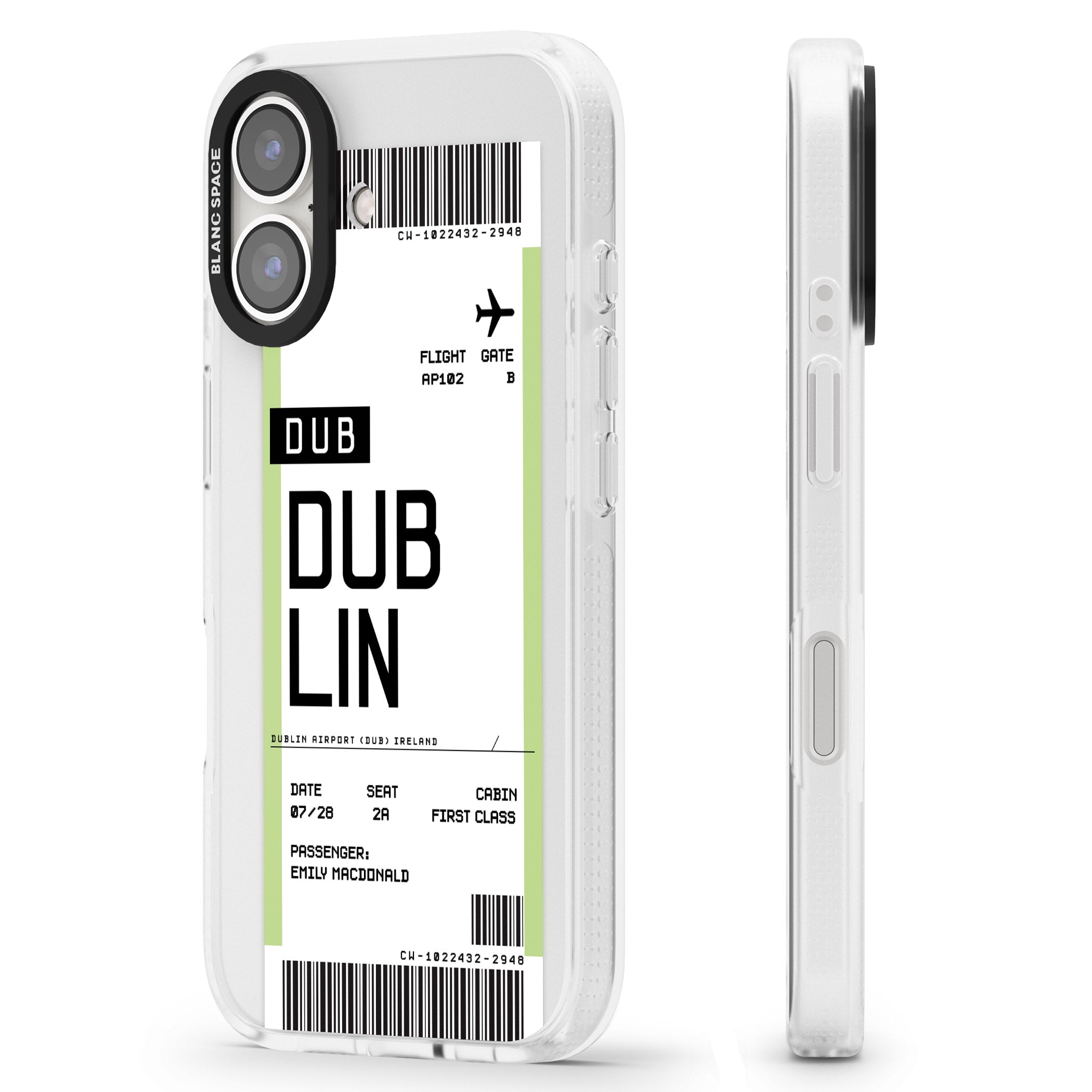 Personalised Dublin Boarding Pass iPhone 16 / 16 Plus Clear Case Impact Air - Blanc Space