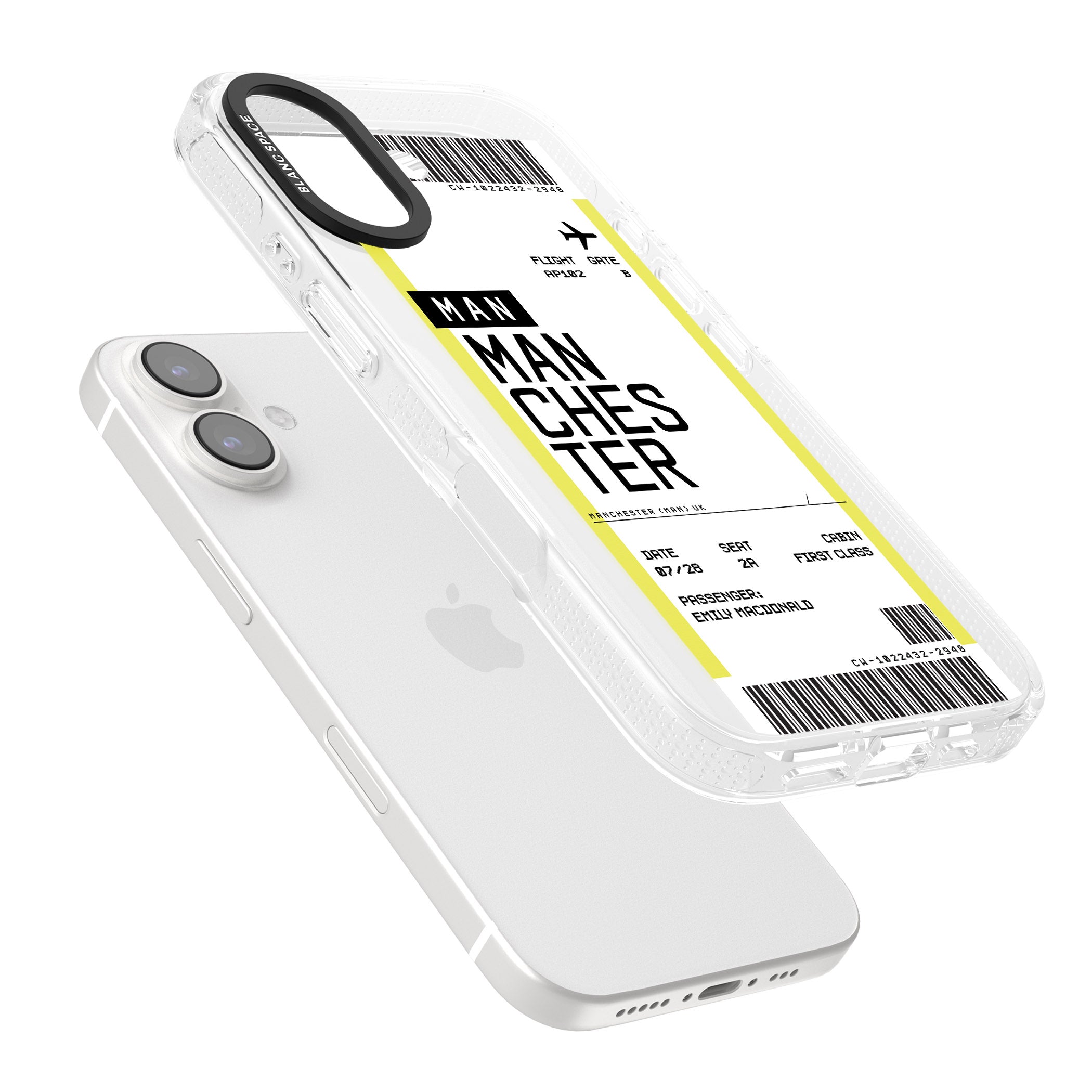 Personalised Manchester Boarding Pass iPhone 16 / 16 Plus Clear Case Impact Air - Blanc Space