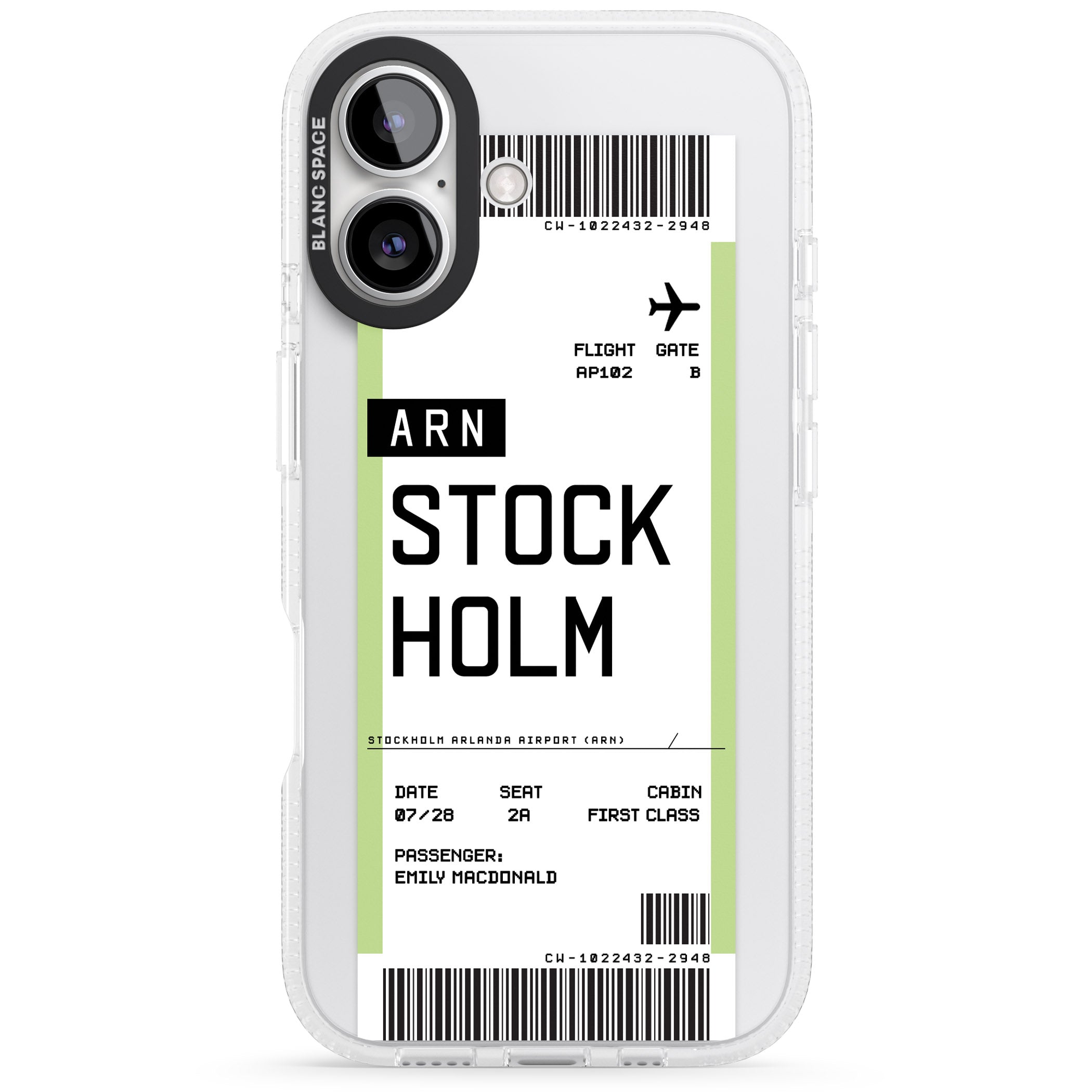 Personalised Stockholm Boarding Pass iPhone 16 / 16 Plus Clear Case Impact Air - Blanc Space