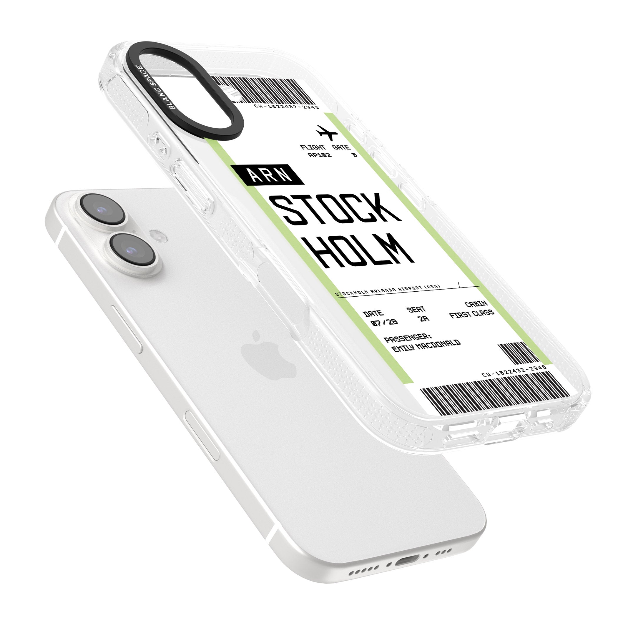 Personalised Stockholm Boarding Pass iPhone 16 / 16 Plus Clear Case Impact Air - Blanc Space