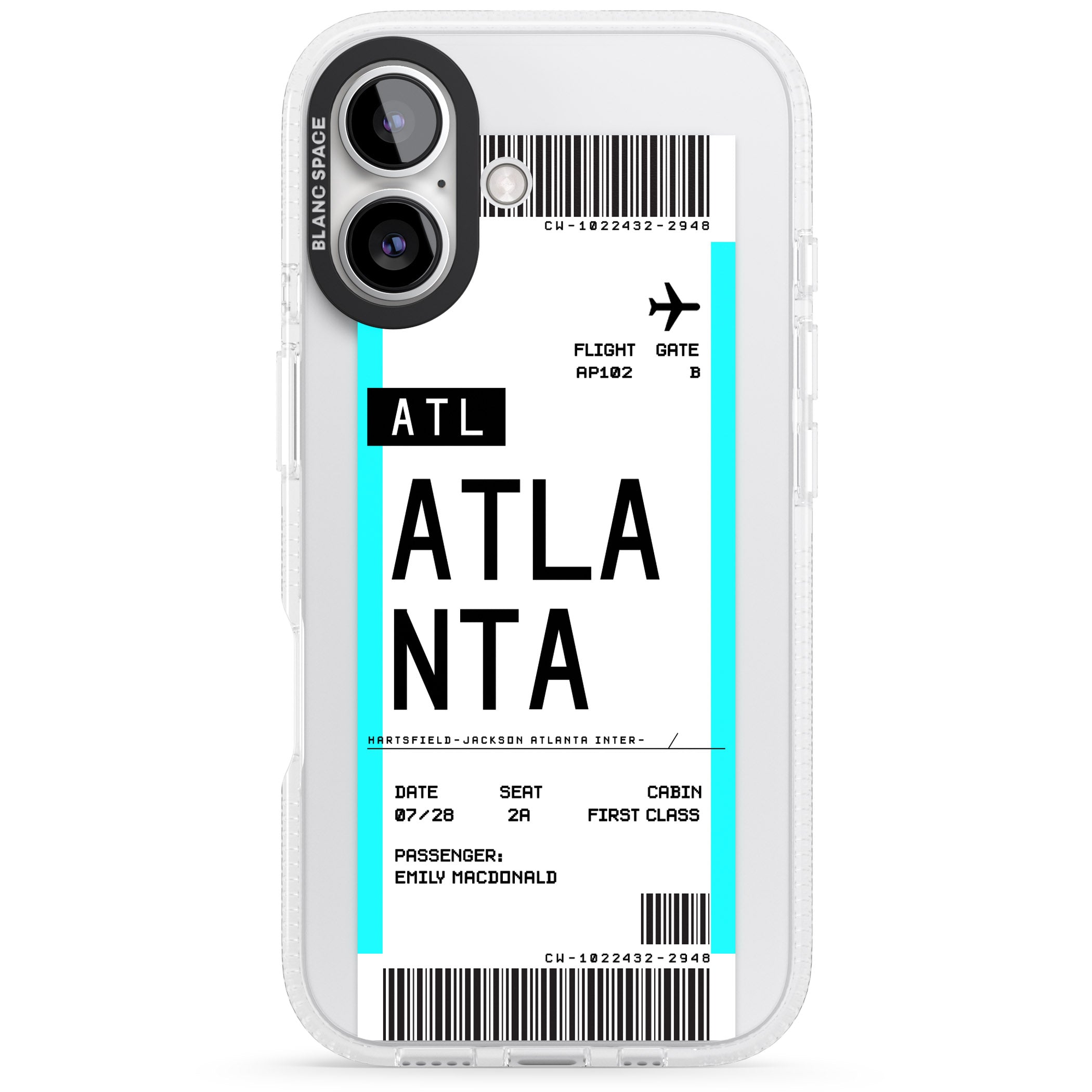 Personalised Atlanta Boarding Pass iPhone 16 / 16 Plus Clear Case Impact Air - Blanc Space
