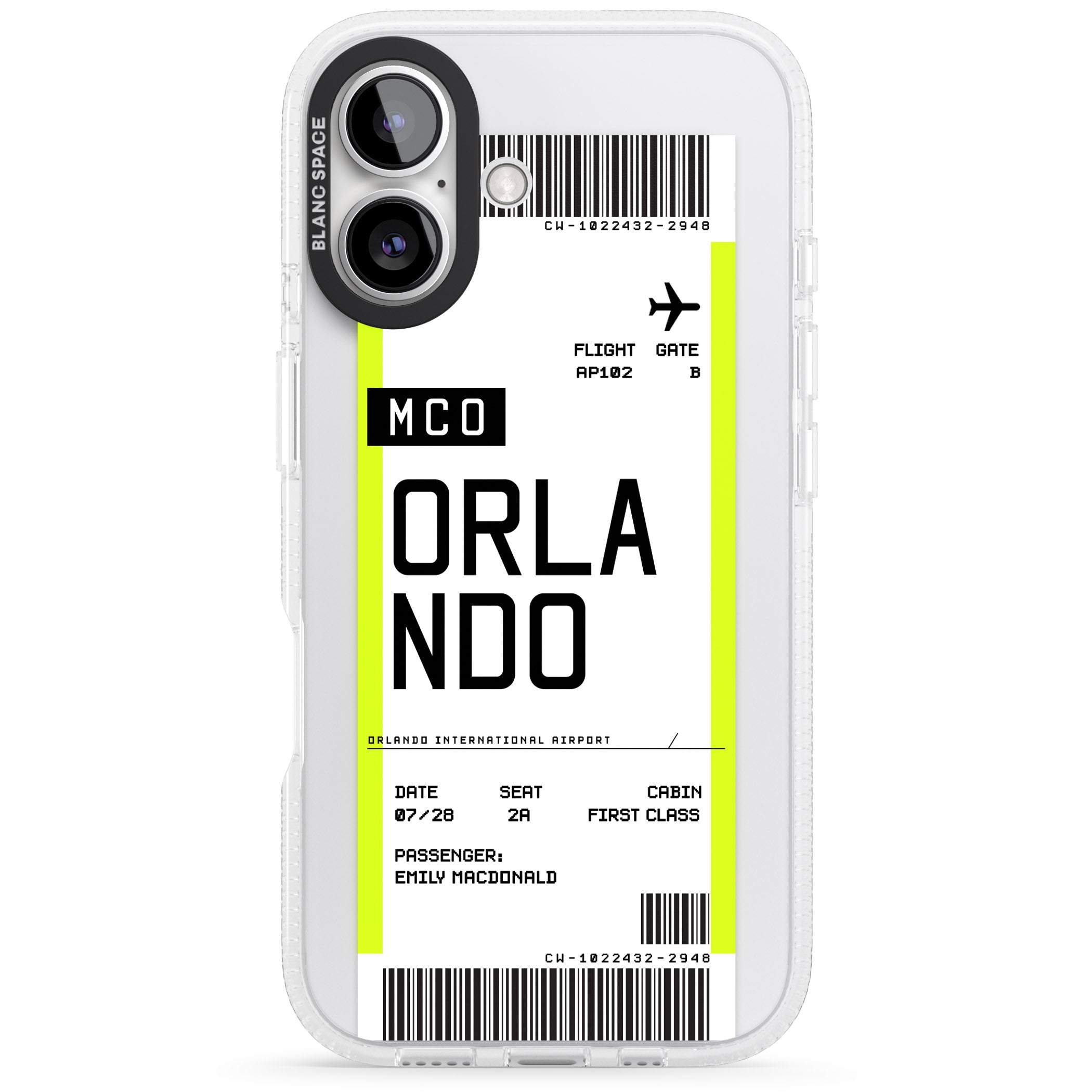 Personalised Orlando Boarding Pass iPhone 16 / 16 Plus Clear Case Impact Air - Blanc Space