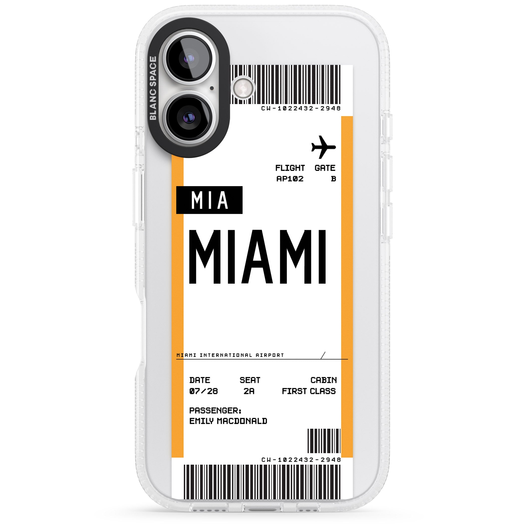 Personalised Miami Boarding Pass iPhone 16 / 16 Plus Clear Case Impact Air - Blanc Space