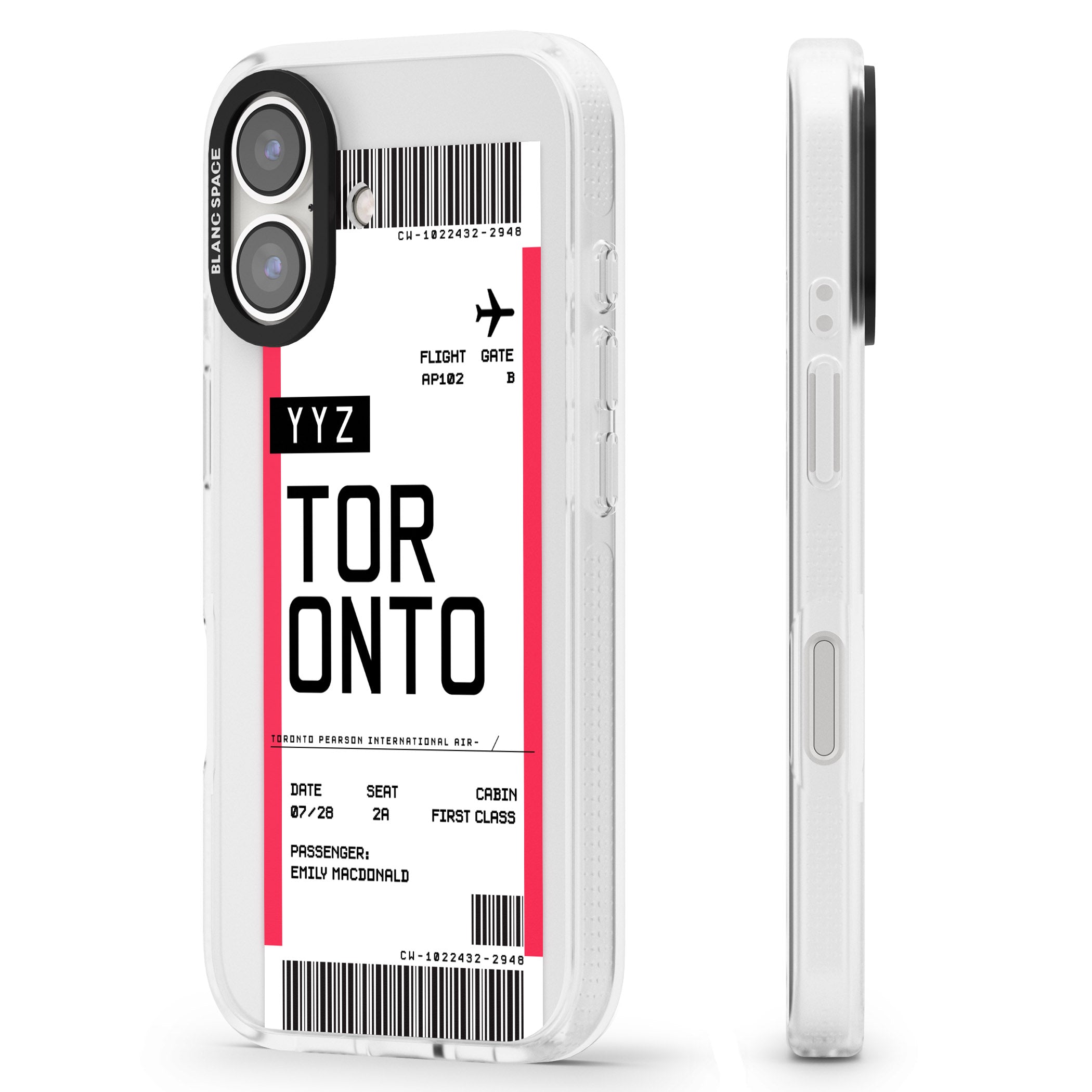 Personalised Toronto Boarding Pass iPhone 16 / 16 Plus Clear Case Impact Air - Blanc Space