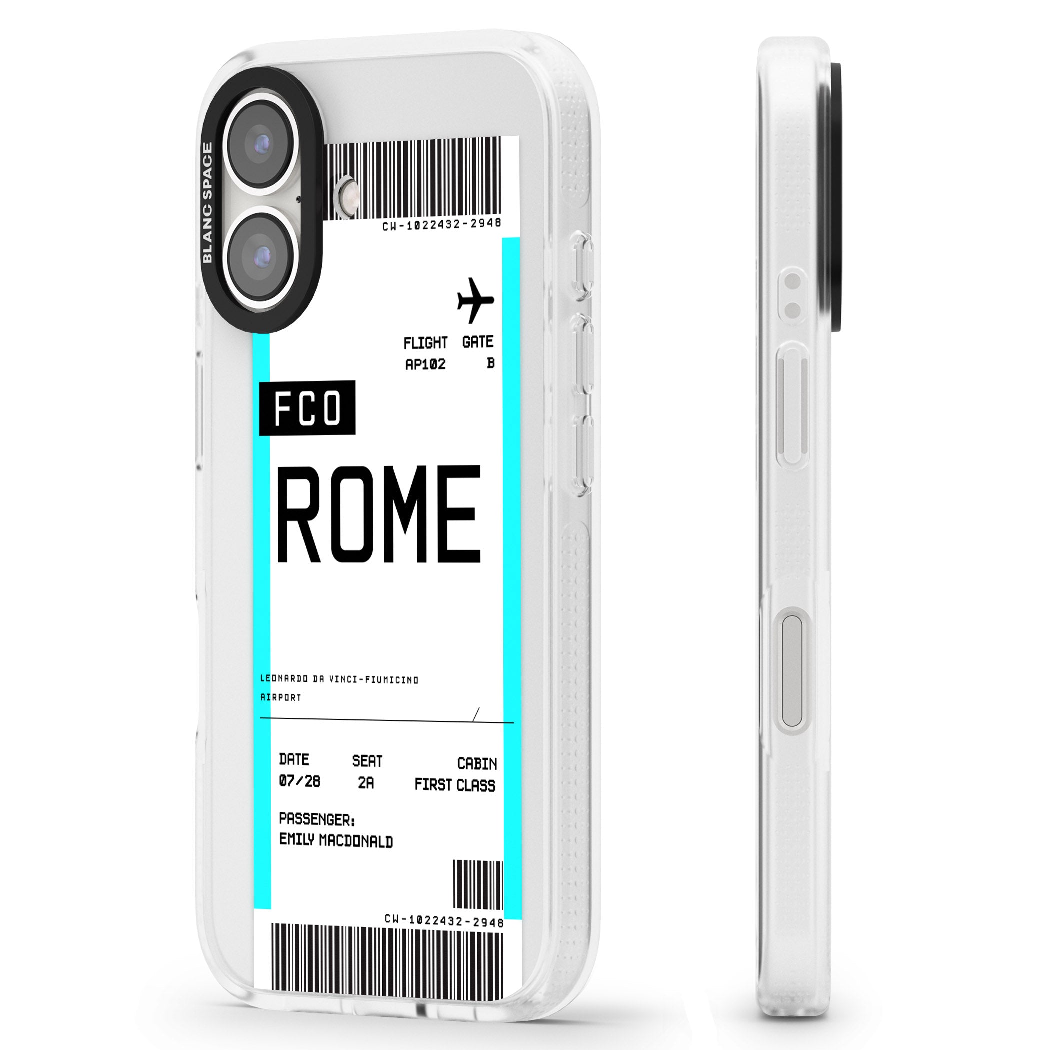 Personalised Rome Boarding Pass iPhone 16 / 16 Plus Clear Case Impact Air - Blanc Space