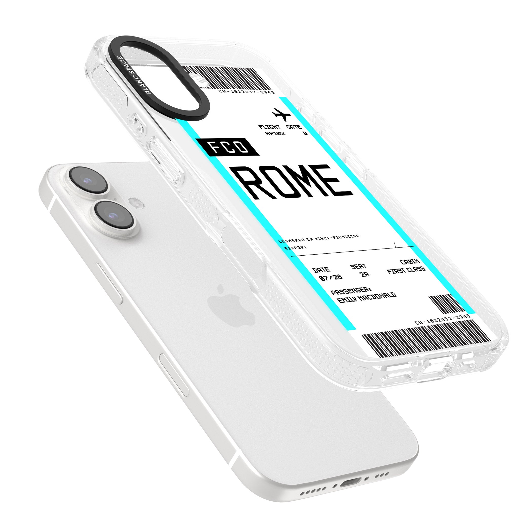 Personalised Rome Boarding Pass iPhone 16 / 16 Plus Clear Case Impact Air - Blanc Space