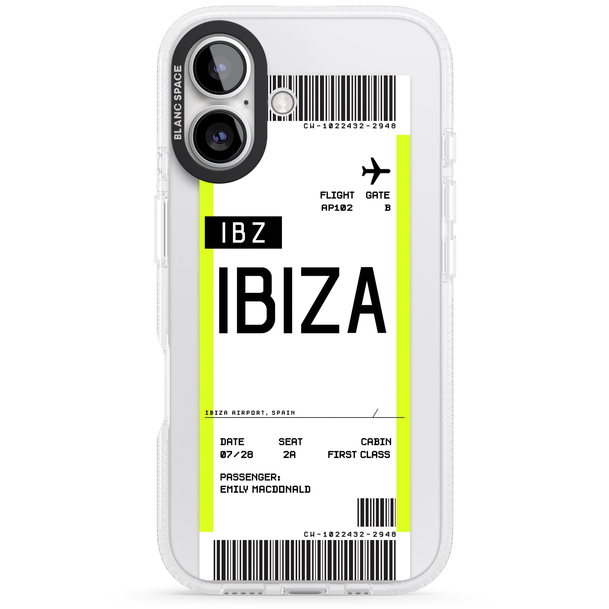 Personalised Ibiza Boarding Pass iPhone 16 / 16 Plus Clear Case Impact Air - Blanc Space