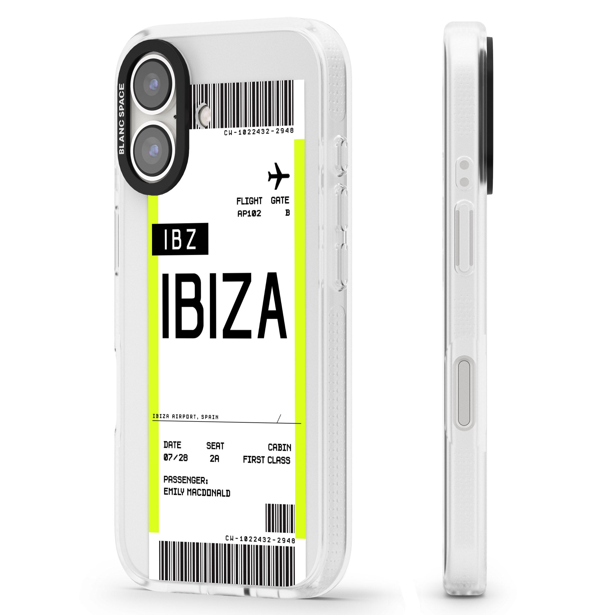 Personalised Ibiza Boarding Pass iPhone 16 / 16 Plus Clear Case Impact Air - Blanc Space