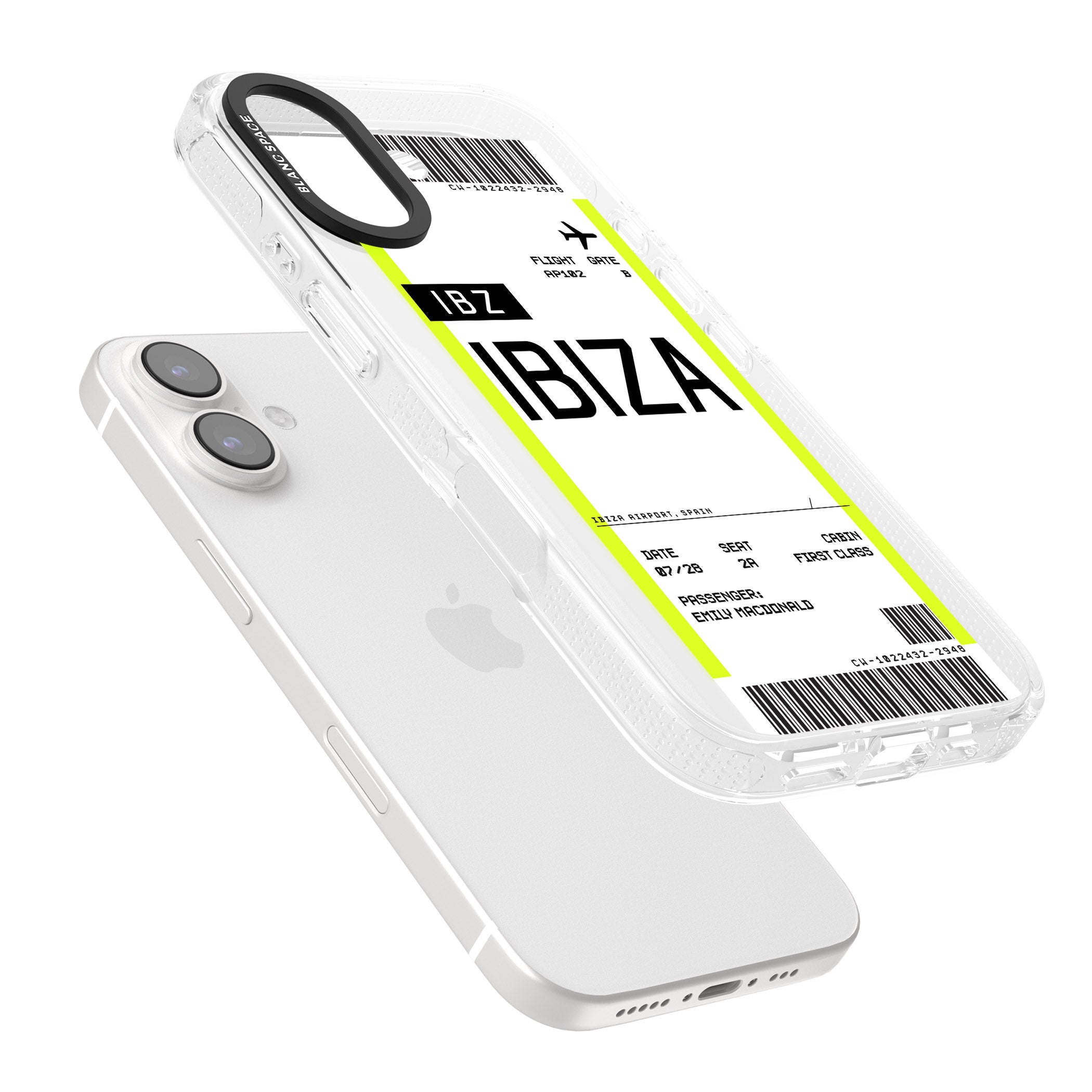 Personalised Ibiza Boarding Pass iPhone 16 / 16 Plus Clear Case Impact Air - Blanc Space