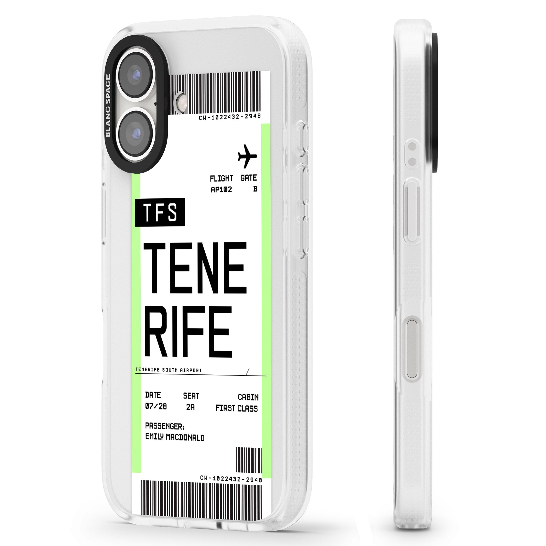 Personalised Tenerife Boarding Pass iPhone 16 / 16 Plus Clear Case Impact Air - Blanc Space