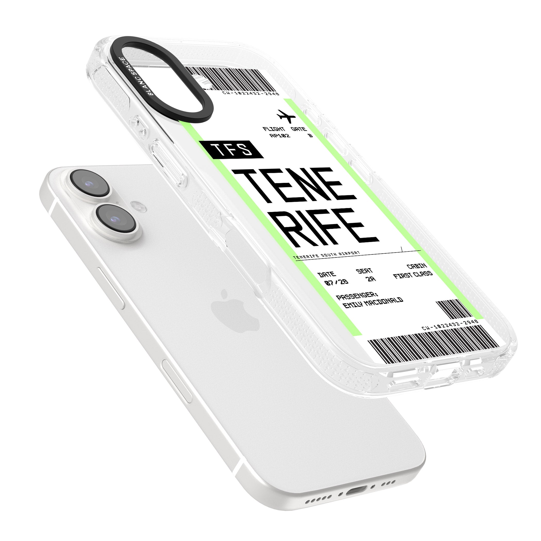Personalised Tenerife Boarding Pass iPhone 16 / 16 Plus Clear Case Impact Air - Blanc Space