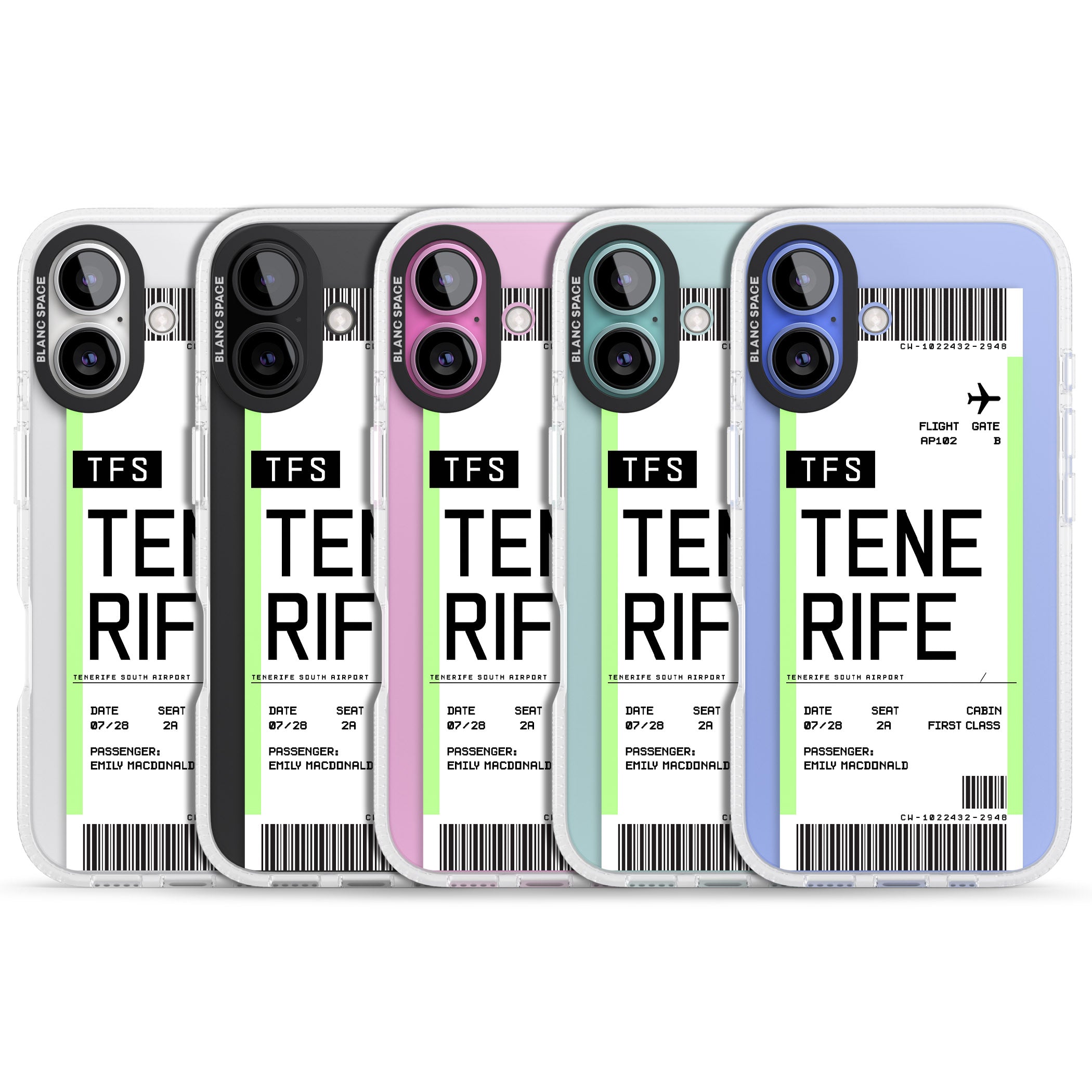 Personalised Tenerife Boarding Pass iPhone 16 / 16 Plus Clear Case Impact Air - Blanc Space