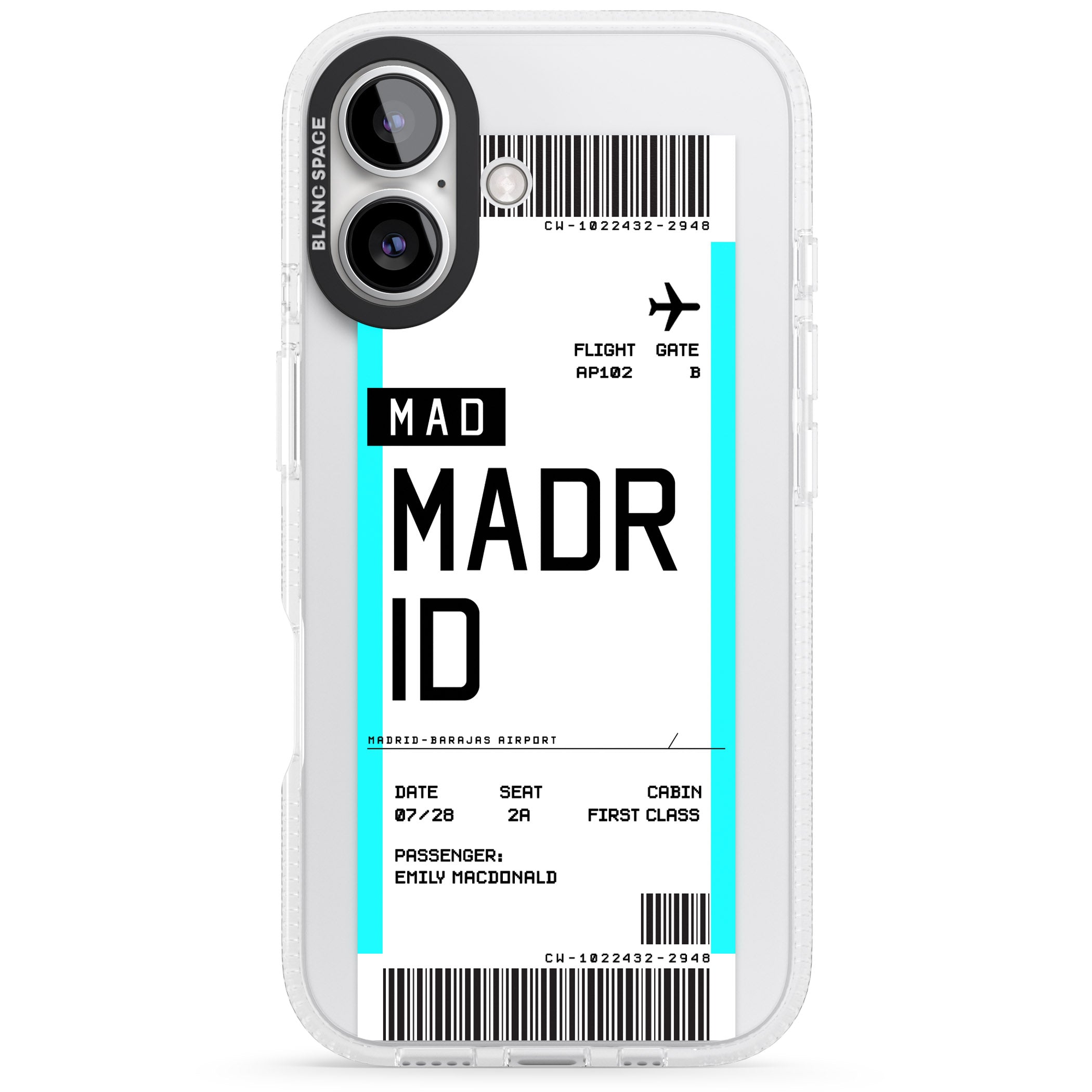 Personalised Madrid Boarding Pass iPhone 16 / 16 Plus Clear Case Impact Air - Blanc Space