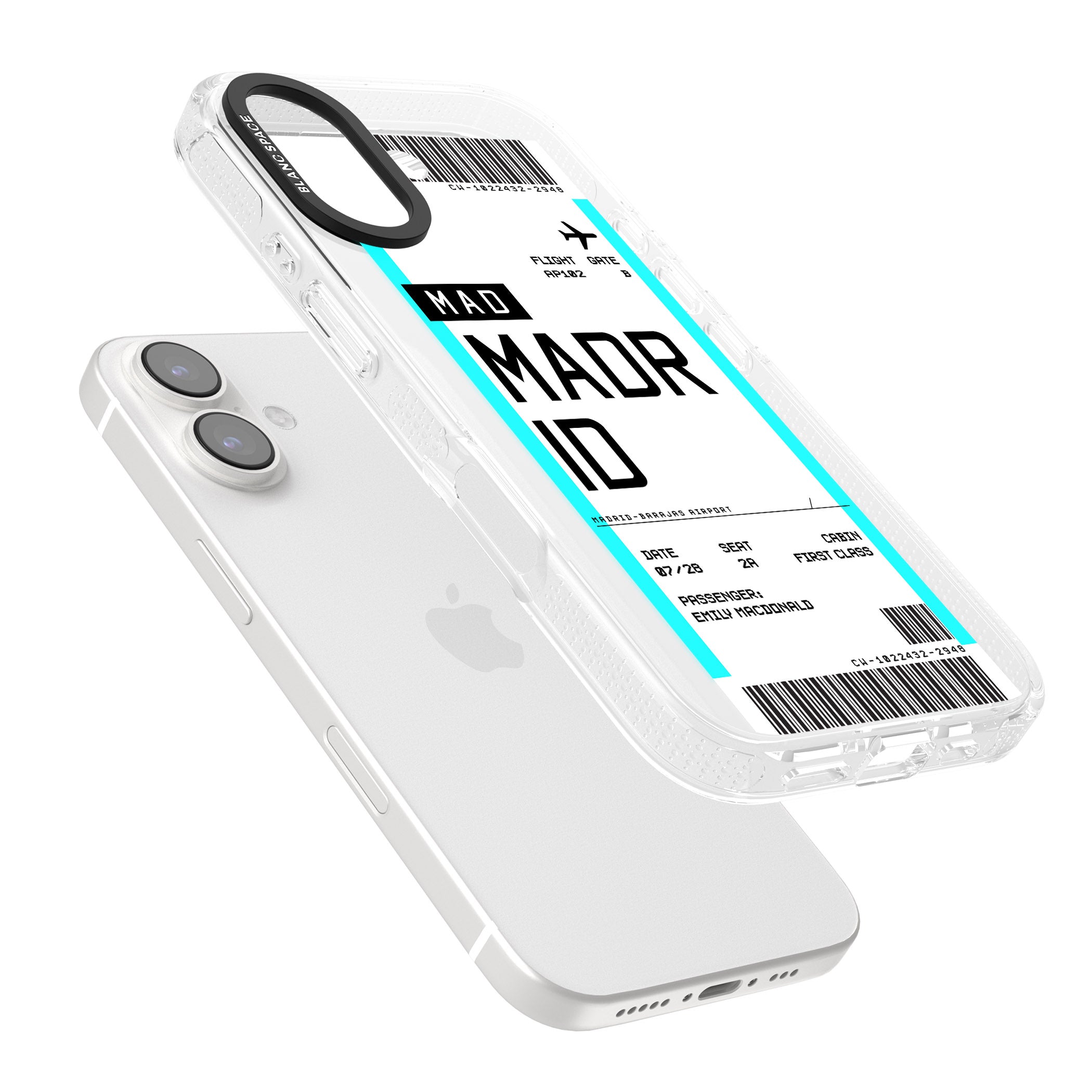 Personalised Madrid Boarding Pass iPhone 16 / 16 Plus Clear Case Impact Air - Blanc Space