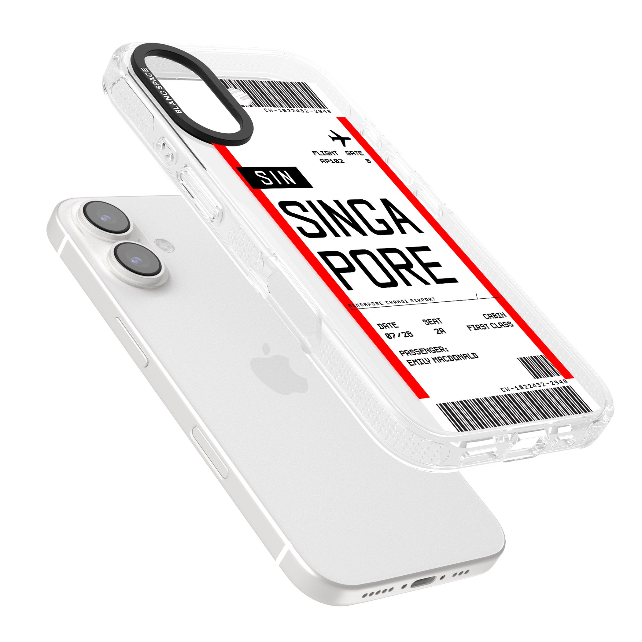 Personalised Singapore Boarding Pass iPhone 16 / 16 Plus Clear Case Impact Air - Blanc Space