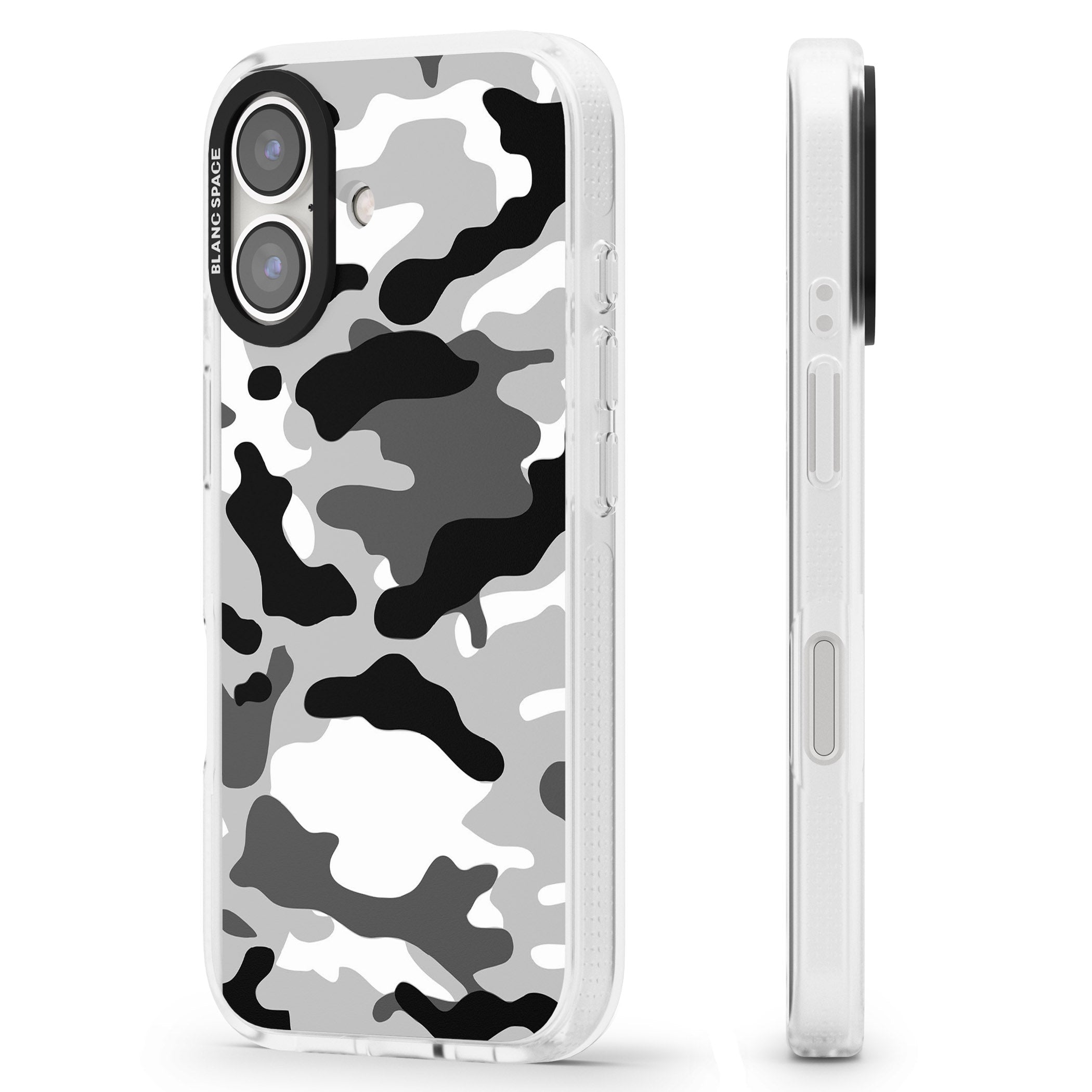 Grey Black Urban Camo iPhone 16 / 16 Plus Clear Case Impact Air - Blanc Space