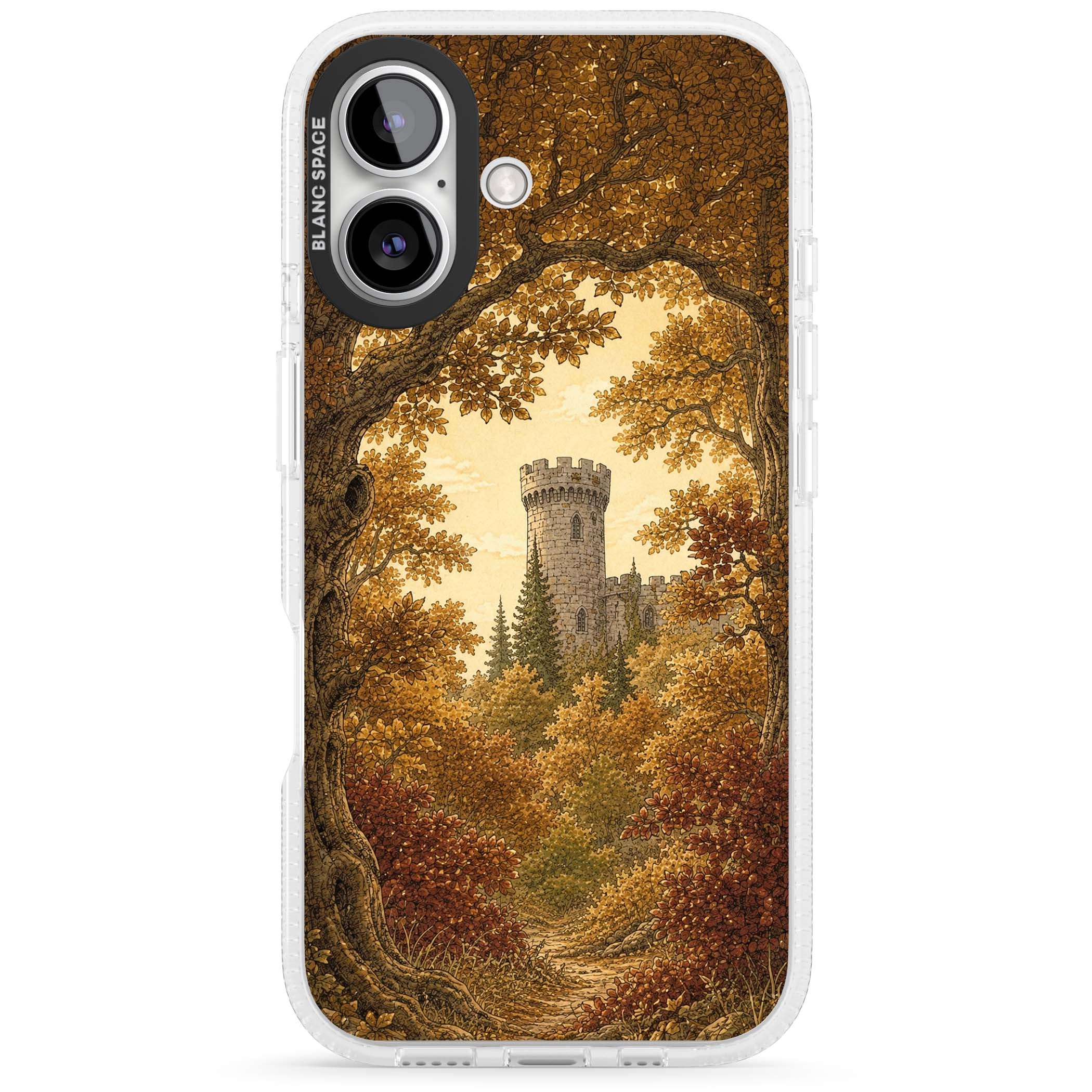 Autumn Keep cottagecore iPhone case featuring a medieval castle tower framed by golden autumn trees and woodland foliage | Clear Case Impact Air case for iPhone 16, iPhone 16 Plus