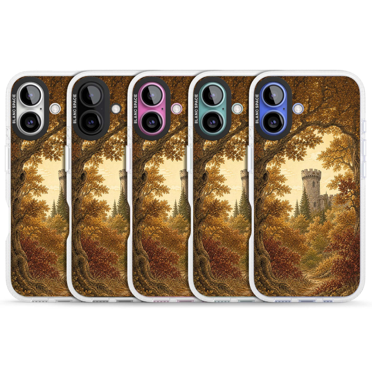 Autumn Keep cottagecore iPhone case featuring a medieval castle tower framed by golden autumn trees and woodland foliage | Clear Case Impact Air case for iPhone 16, iPhone 16 Plus