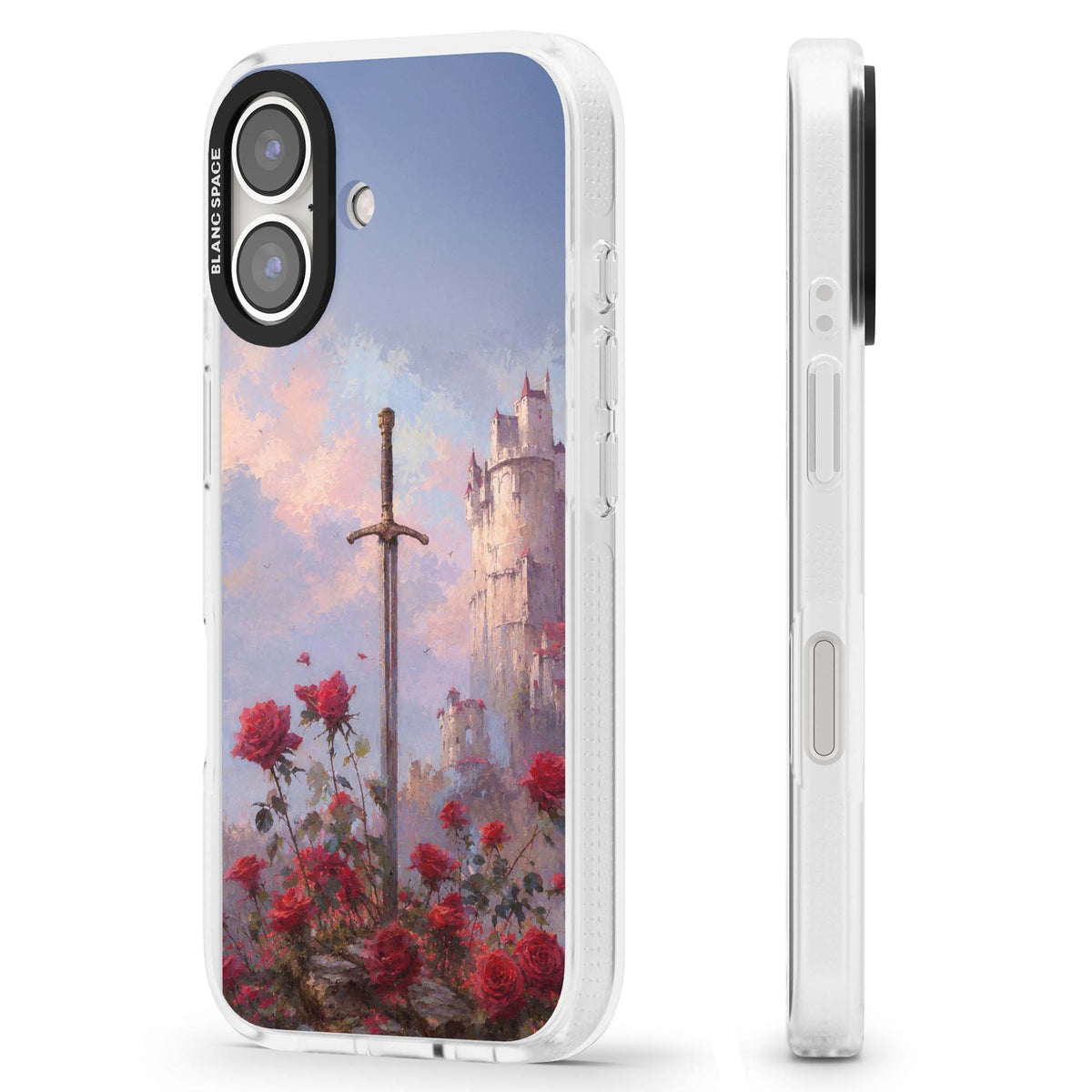 Sword in Roses medieval art iPhone case featuring a sword, red roses, and a misty fairytale castle at sunset | Clear Case Impact Air case for iPhone 16, iPhone 16 Plus