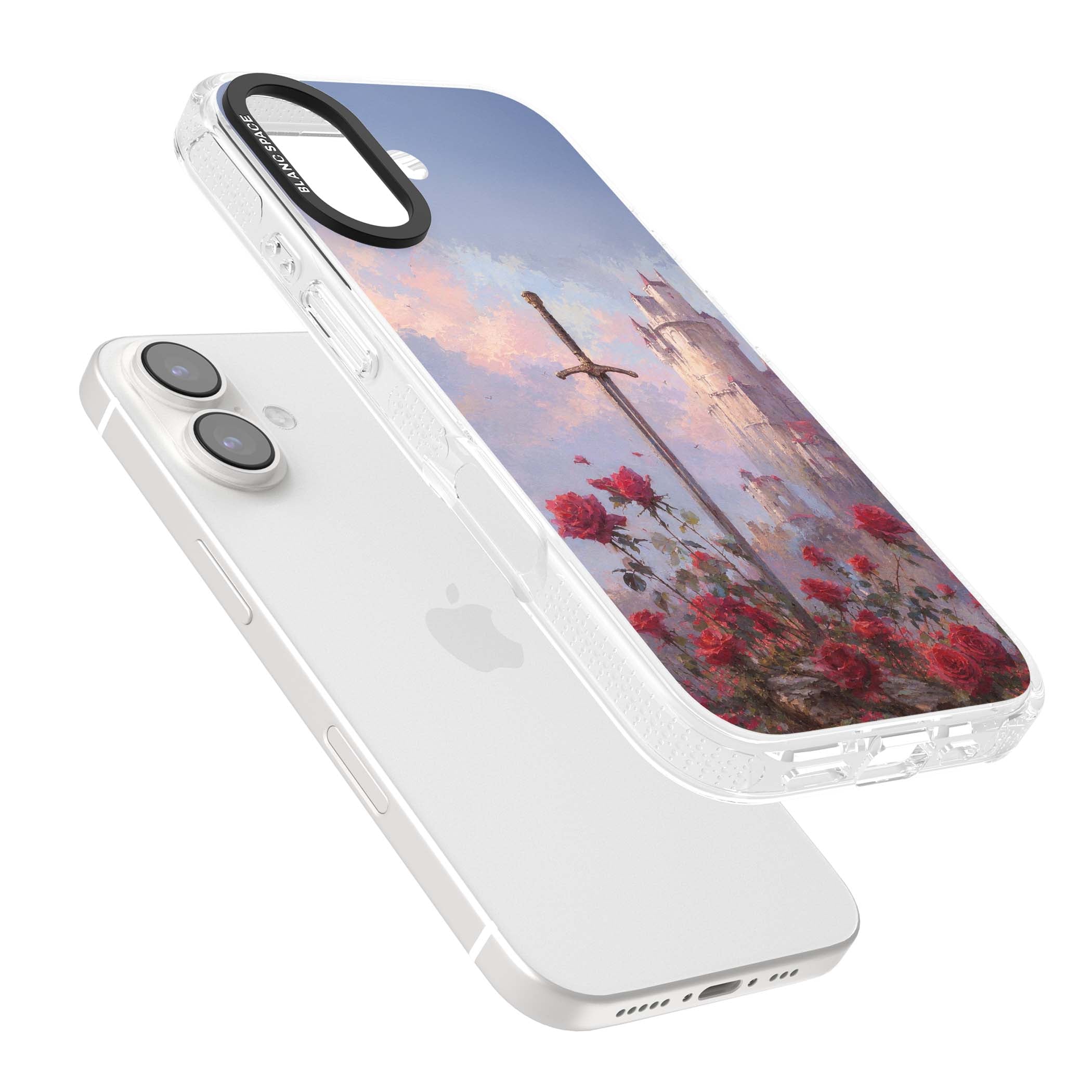 Sword in Roses medieval art iPhone case featuring a sword, red roses, and a misty fairytale castle at sunset | Clear Case Impact Air case for iPhone 16, iPhone 16 Plus