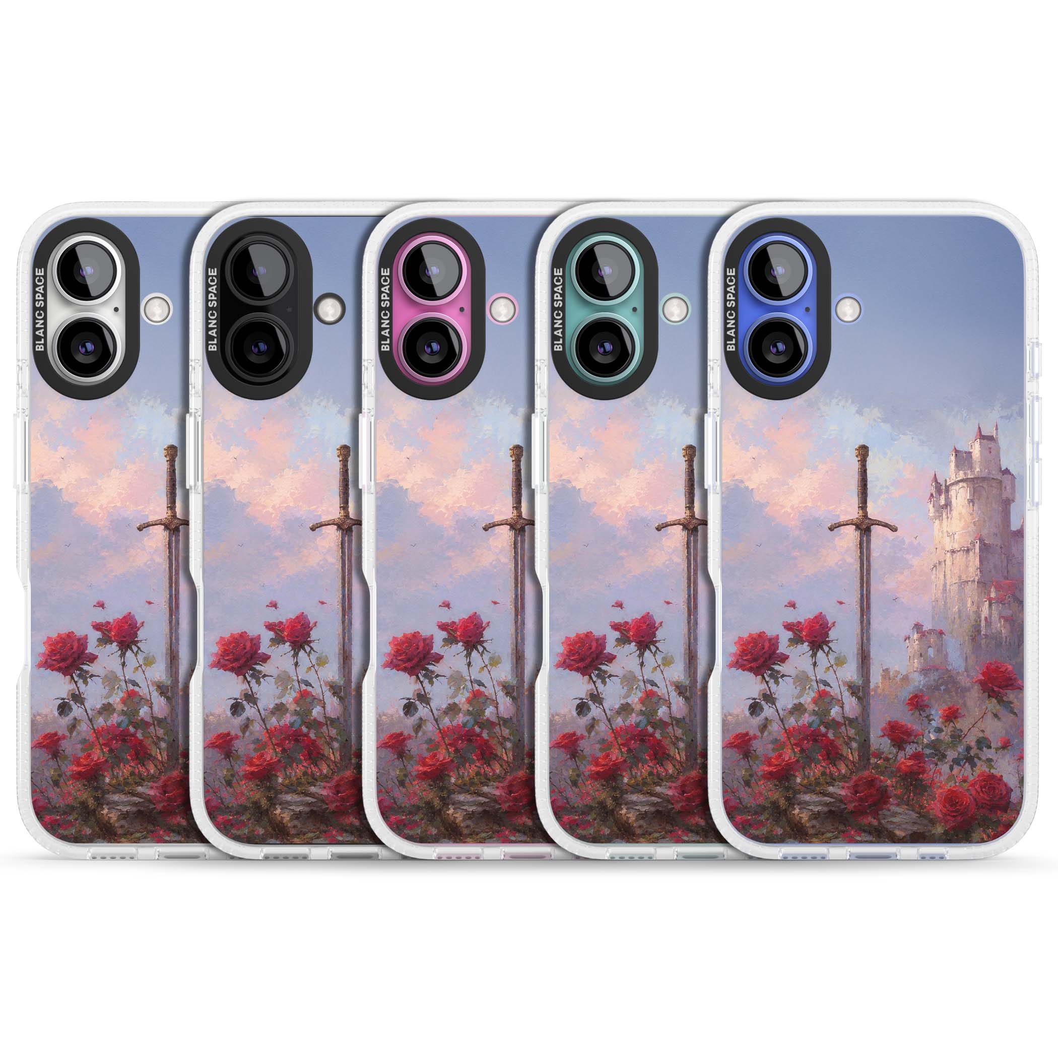 Sword in Roses medieval art iPhone case featuring a sword, red roses, and a misty fairytale castle at sunset | Clear Case Impact Air case for iPhone 16, iPhone 16 Plus