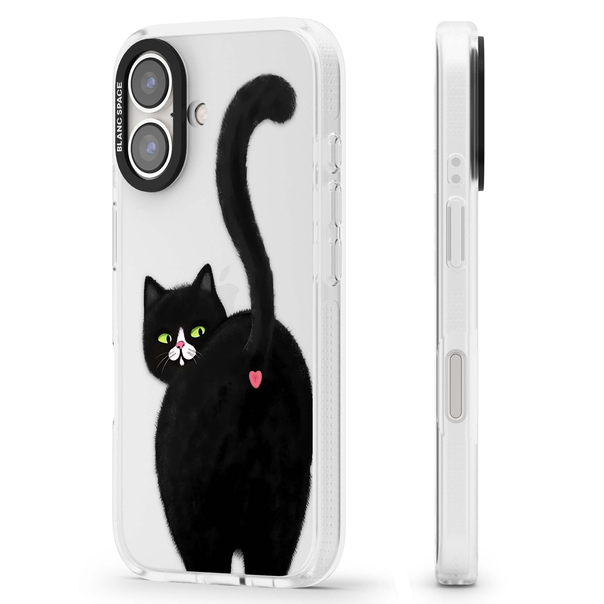 The Cat's Kiss cute cat iPhone case featuring a hand-painted tuxedo kitty with green eyes and a pink heart on a clear  | Clear Case Impact Air case for iPhone 16, iPhone 16 Plus