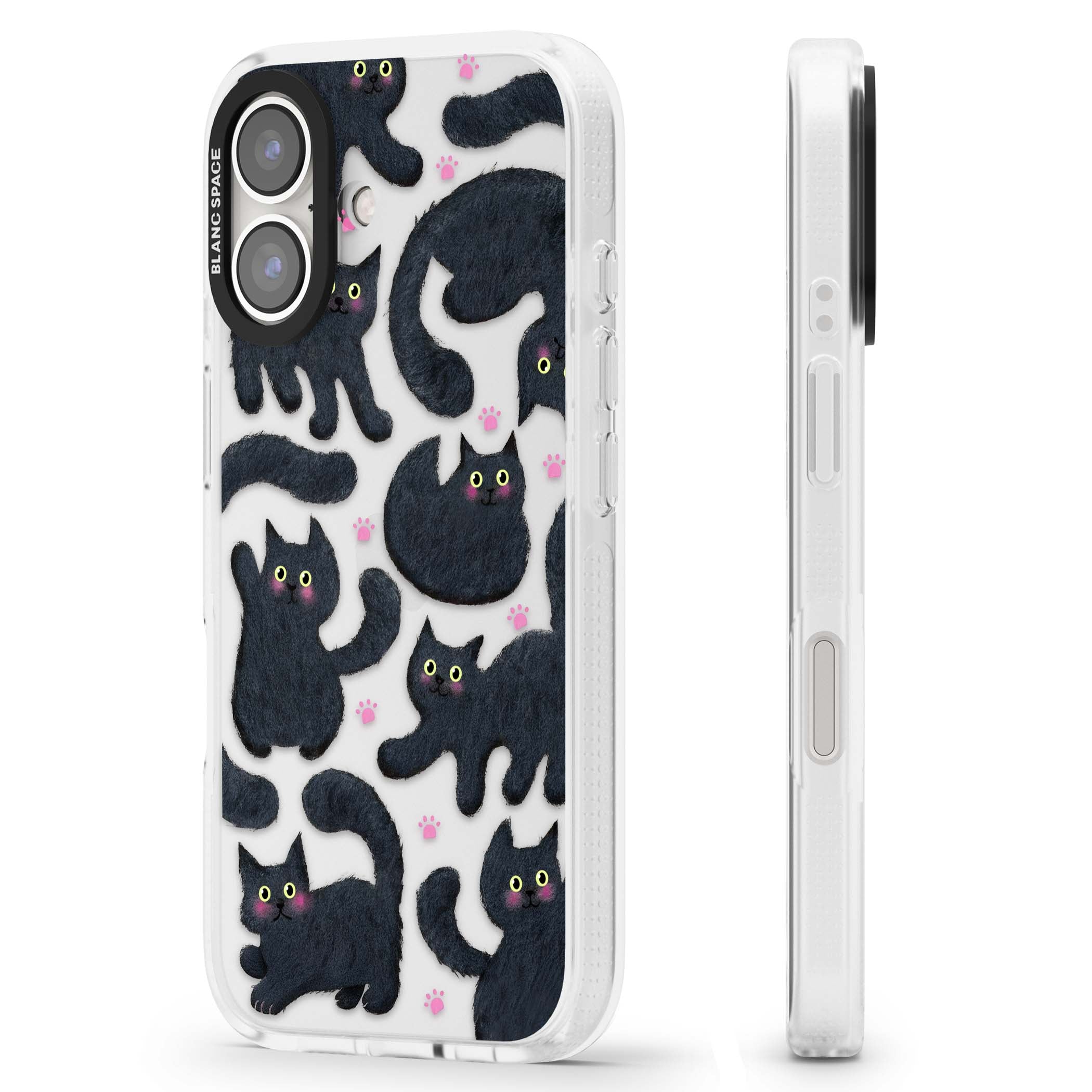 Midnight Cats cute iPhone case featuring black cat pattern with yellow eyes and pink paw prints | Clear Case Impact Air case for iPhone 16, iPhone 16 Plus