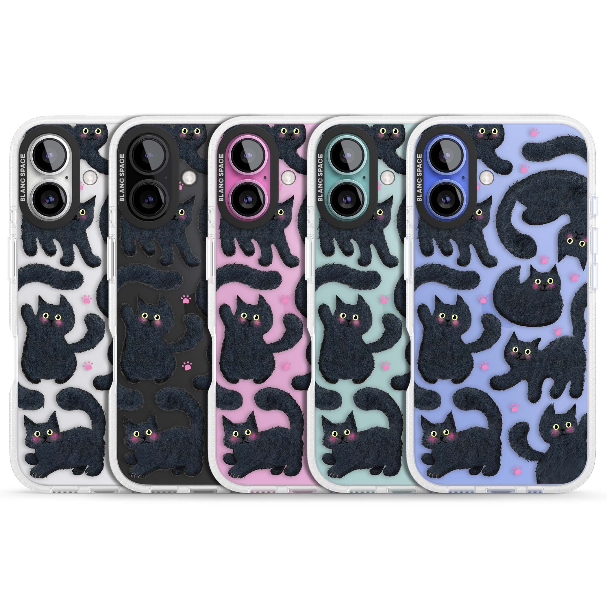 Midnight Cats cute iPhone case featuring black cat pattern with yellow eyes and pink paw prints | Clear Case Impact Air case for iPhone 16, iPhone 16 Plus