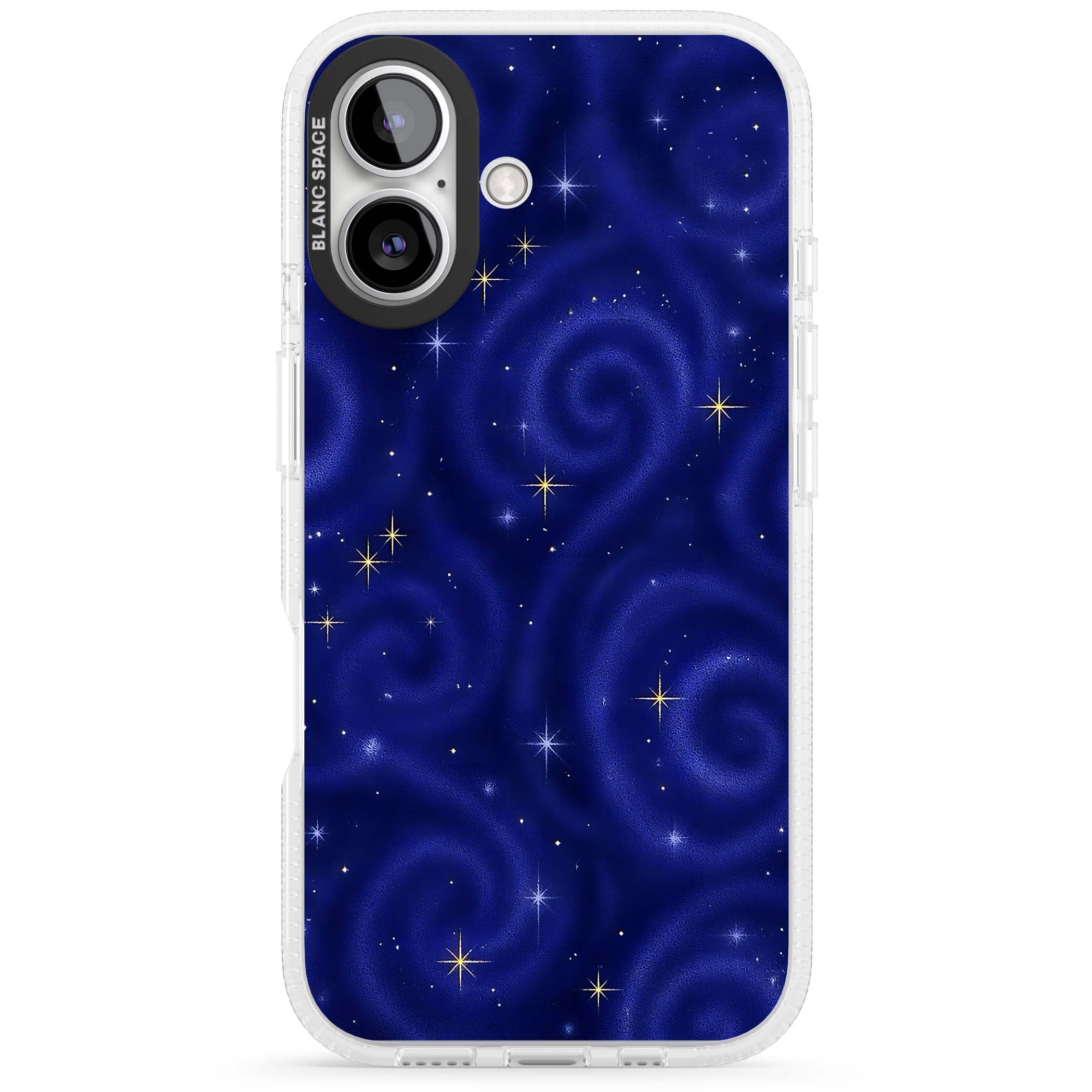 Indigo Cosmos celestial iPhone case featuring swirling navy night sky and sparkling golden stars | Clear Case Impact Air case for iPhone 16, iPhone 16 Plus