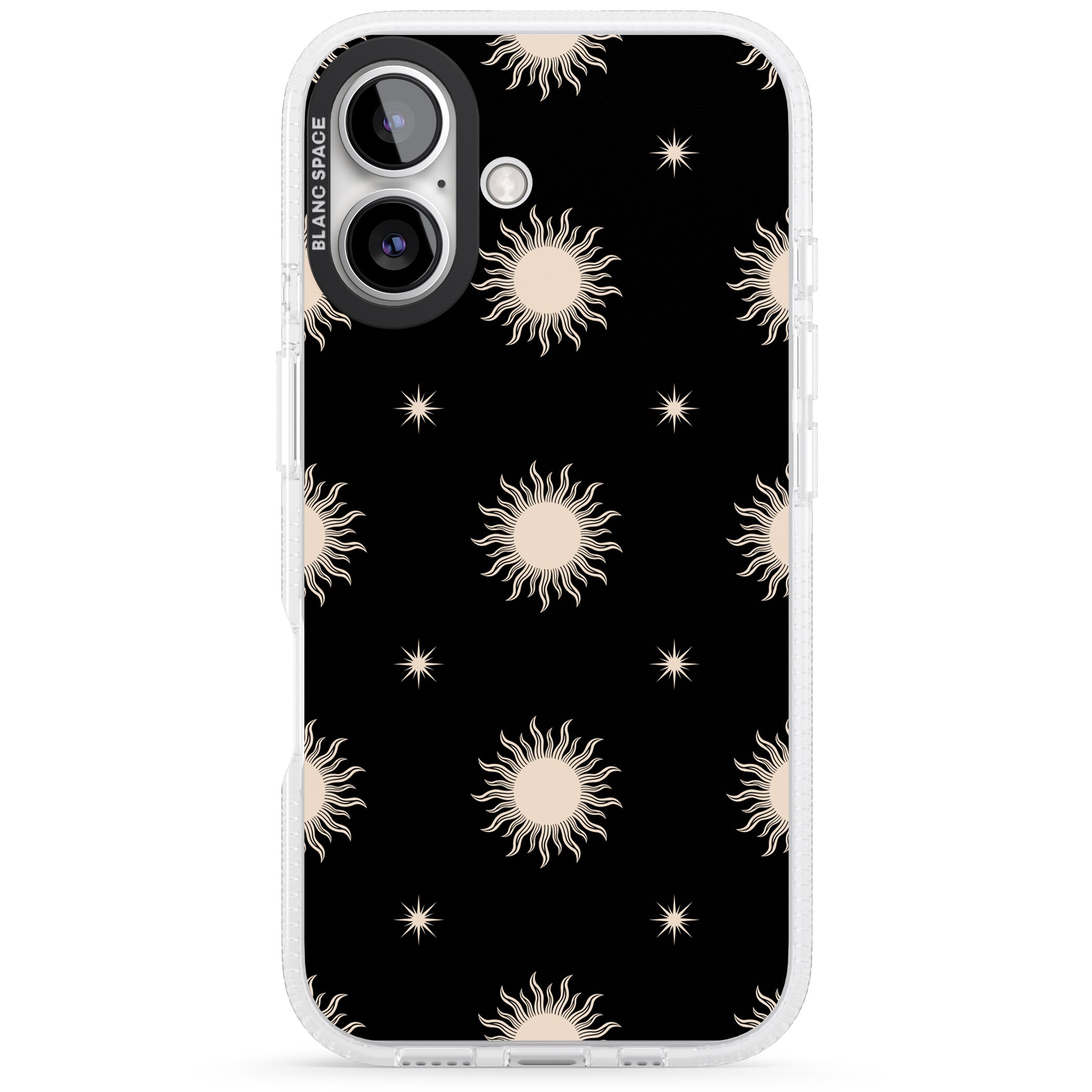Celestial Patterns Classic Suns (Black) iPhone 16 / 16 Plus Clear Case Impact Air - Blanc Space