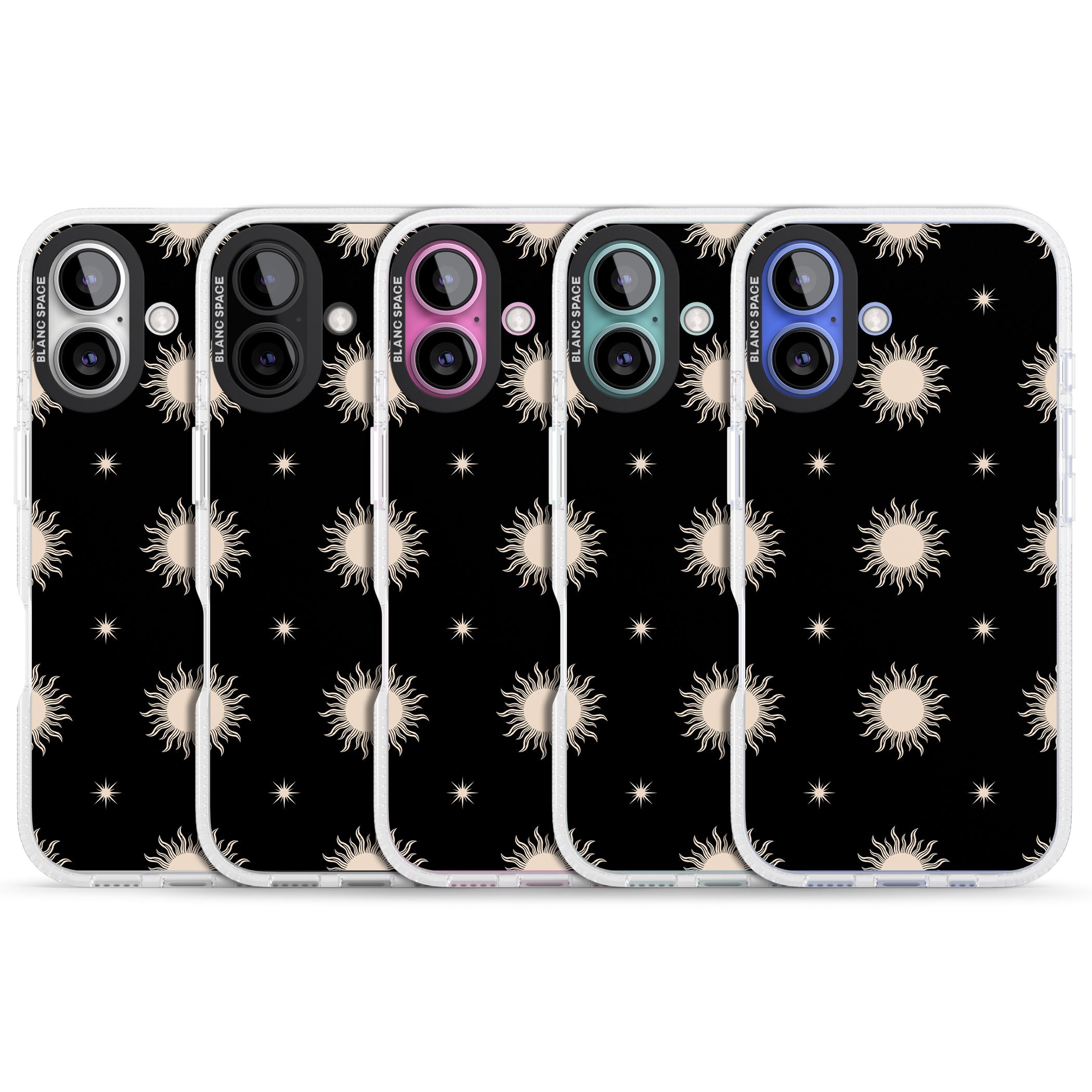 Celestial Patterns Classic Suns (Black) iPhone 16 / 16 Plus Clear Case Impact Air - Blanc Space