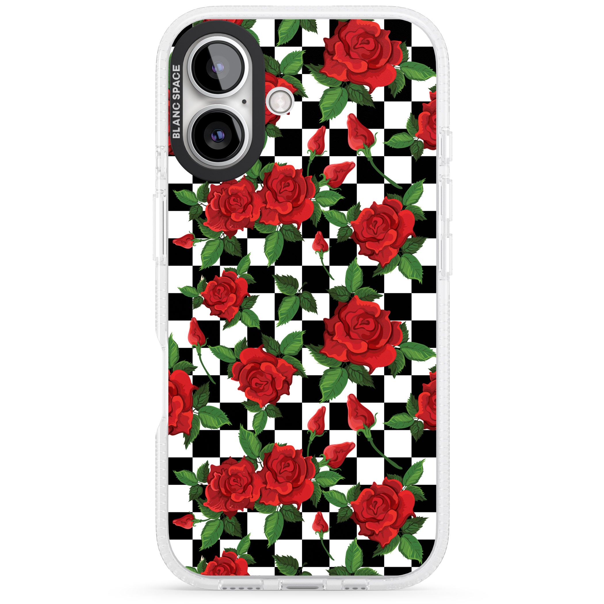 Checkered Pattern & Red Roses iPhone 16 / 16 Plus Clear Case Impact Air - Blanc Space