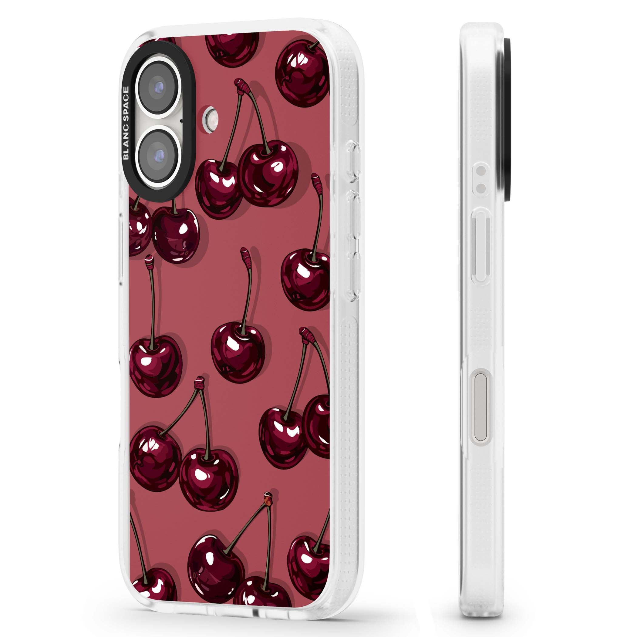 Cherry Rebel coquette iPhone case featuring glossy burgundy cherries on a dusty rose background | Clear Case Impact Air case for iPhone 16, iPhone 16 Plus