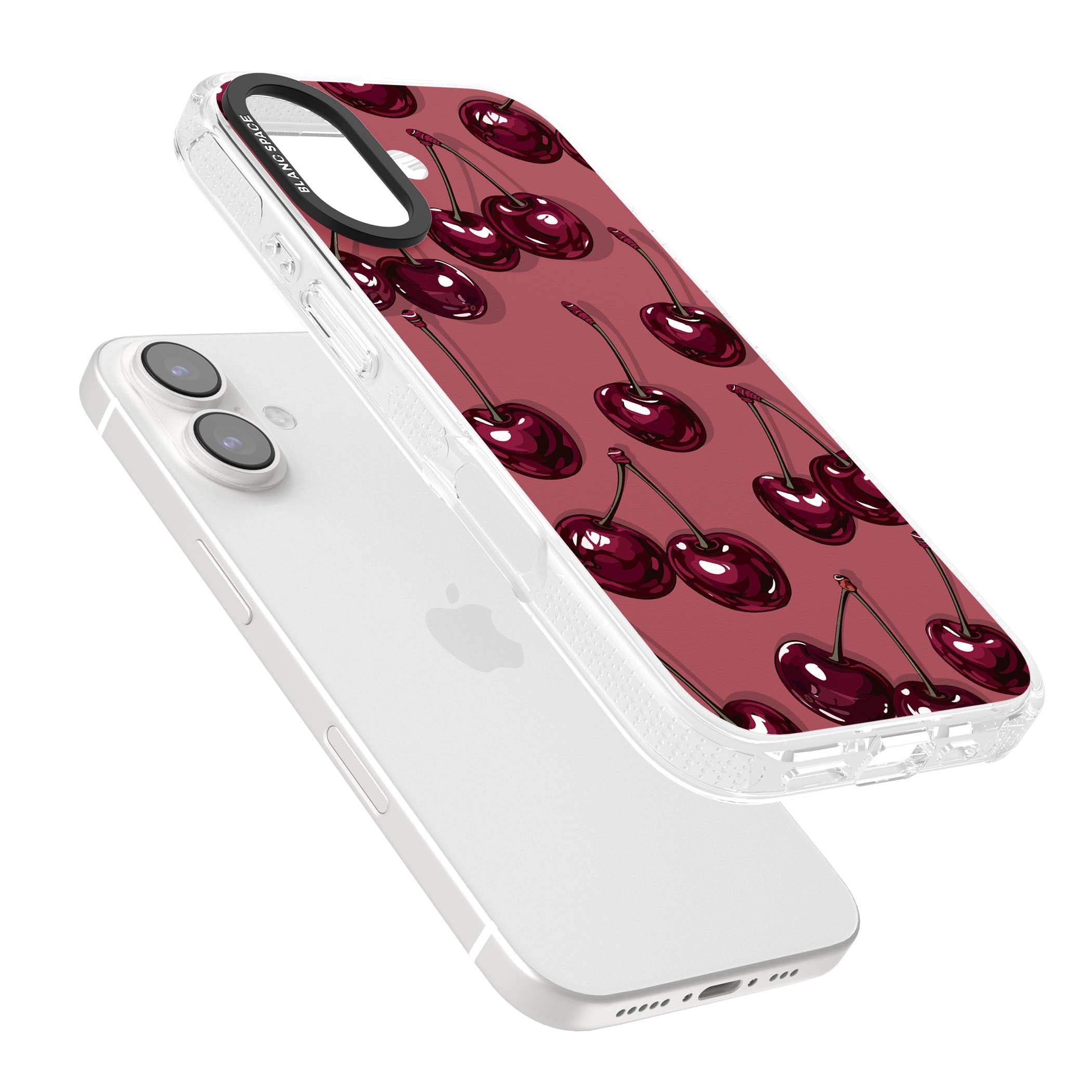 Cherry Rebel coquette iPhone case featuring glossy burgundy cherries on a dusty rose background | Clear Case Impact Air case for iPhone 16, iPhone 16 Plus