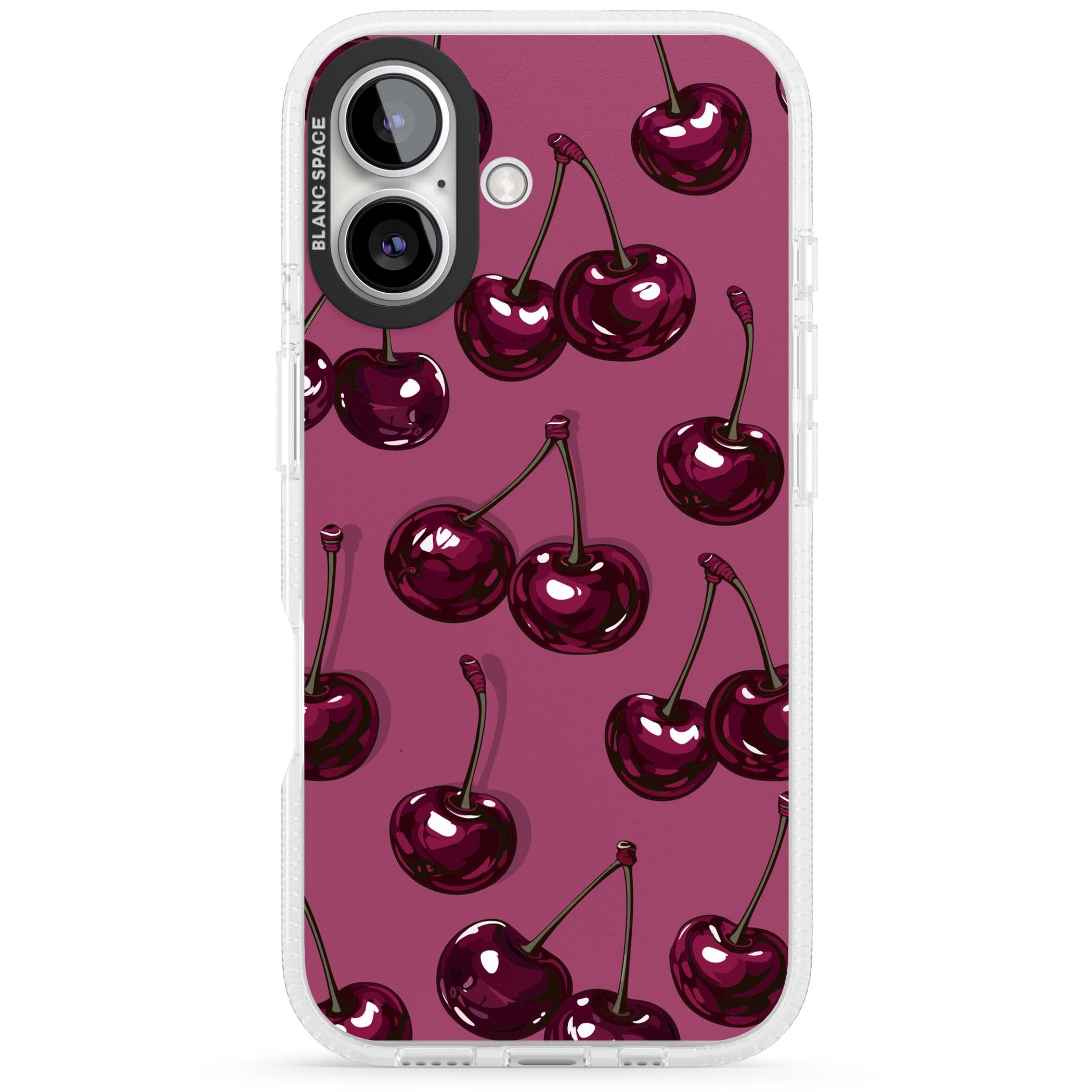 Cherry Soda coquette iPhone case featuring glossy burgundy cherries on a dusty pink background | Clear Case Impact Air case for iPhone 16, iPhone 16 Plus