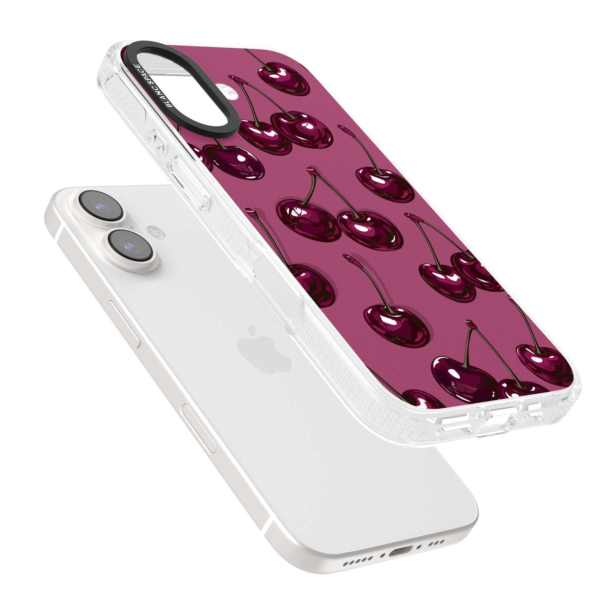 Cherry Soda coquette iPhone case featuring glossy burgundy cherries on a dusty pink background | Clear Case Impact Air case for iPhone 16, iPhone 16 Plus