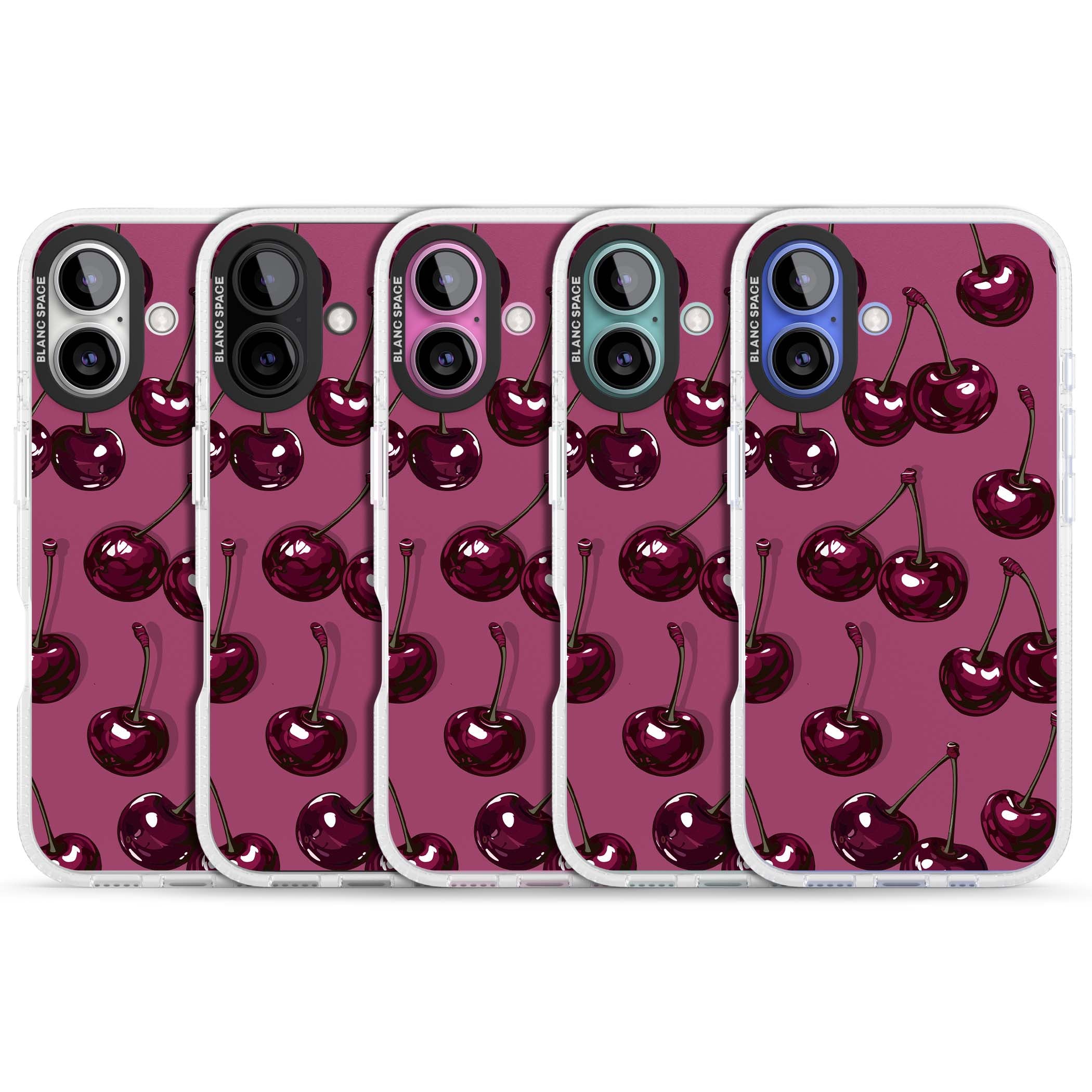 Cherry Soda coquette iPhone case featuring glossy burgundy cherries on a dusty pink background | Clear Case Impact Air case for iPhone 16, iPhone 16 Plus