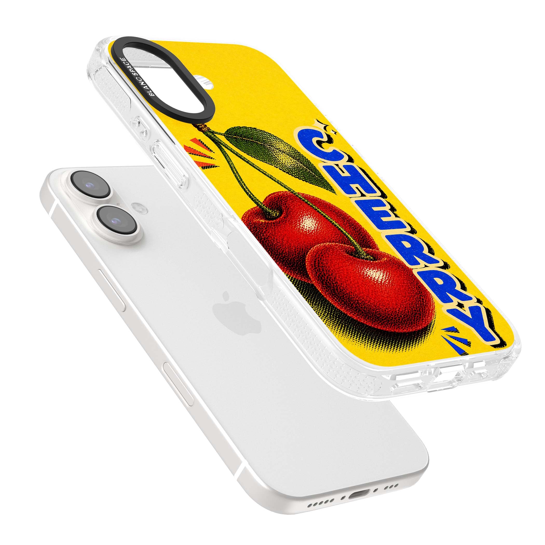 Cherry Yellow y2k iPhone case featuring two red cherries, halftone shading and bold blue CHERRY lettering on yellow | Clear Case Impact Air case for iPhone 16, iPhone 16 Plus