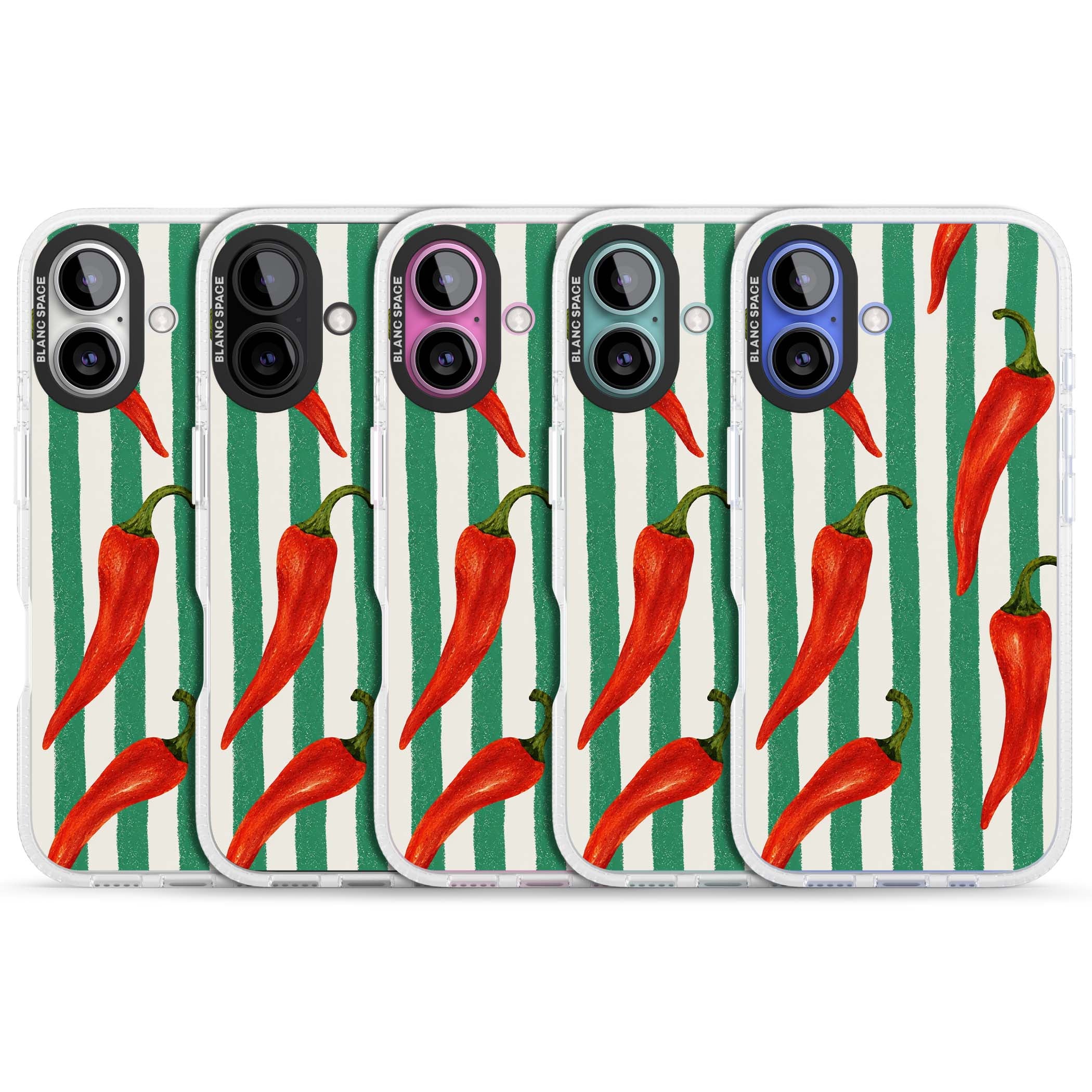 Striped Chillis coastal iPhone case featuring hand-painted red chili peppers on green and cream stripes | Clear Case Impact Air case for iPhone 16, iPhone 16 Plus