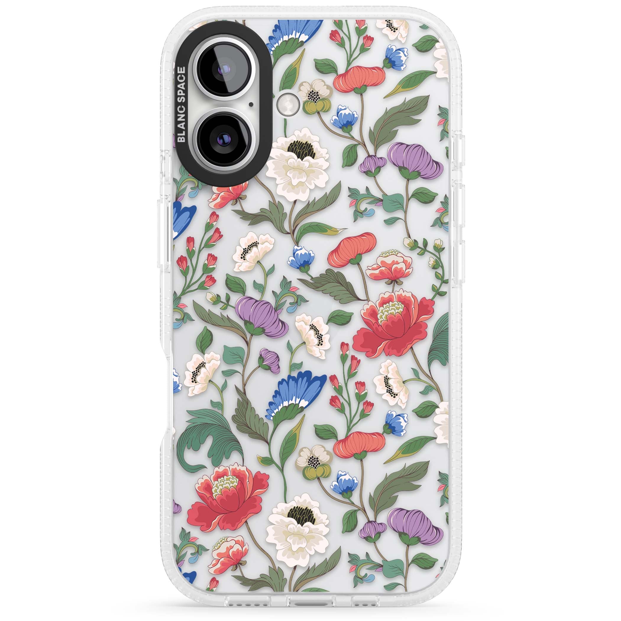 Chinoiserie Bloom vintage floral iPhone case featuring hand-painted peonies, poppies and trailing wildflowers on clear... | Clear Case Impact Air case for iPhone 16, iPhone 16 Plus